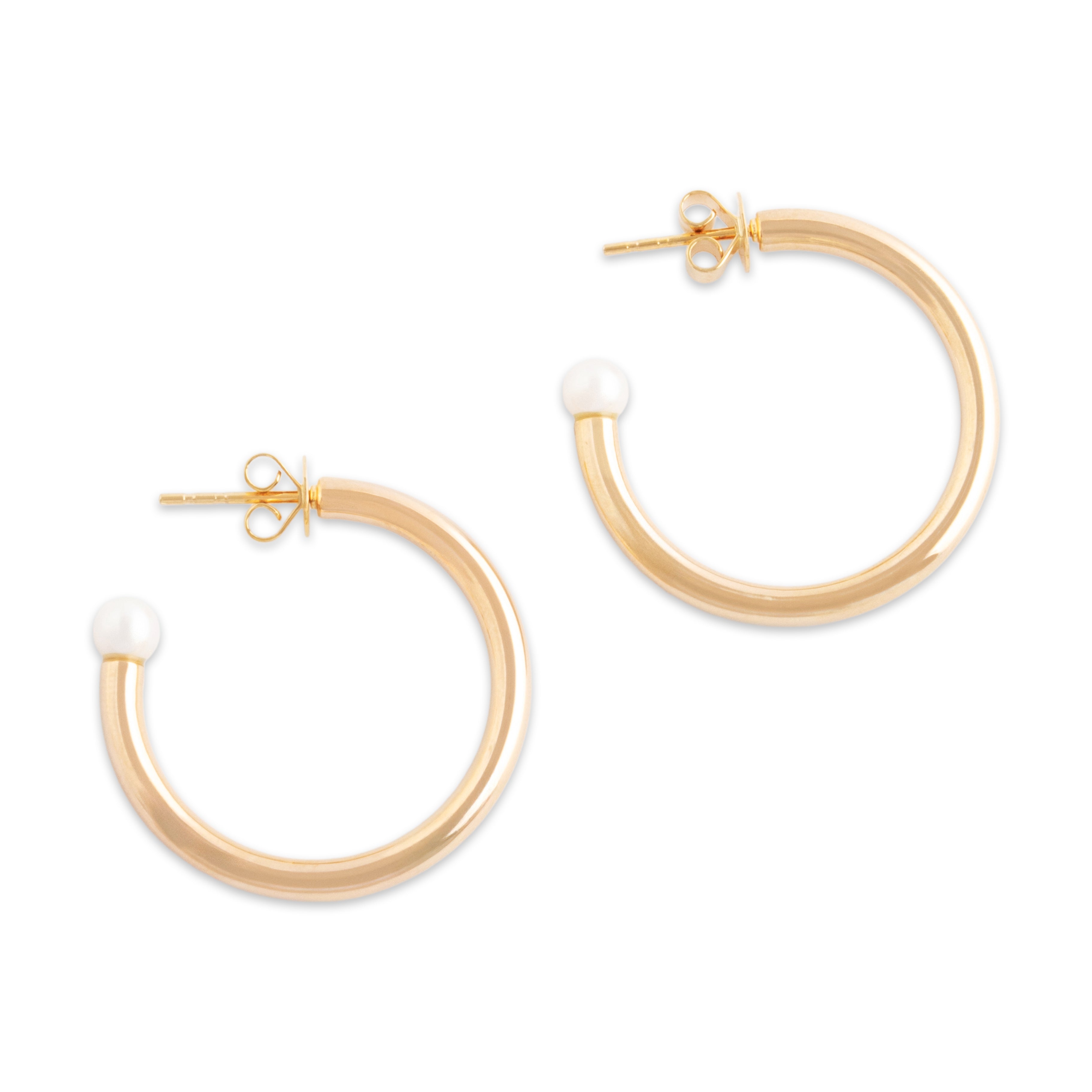 Vintage 14k Yellow Gold Pearl Tubular Open Hoop Earrings - Side view