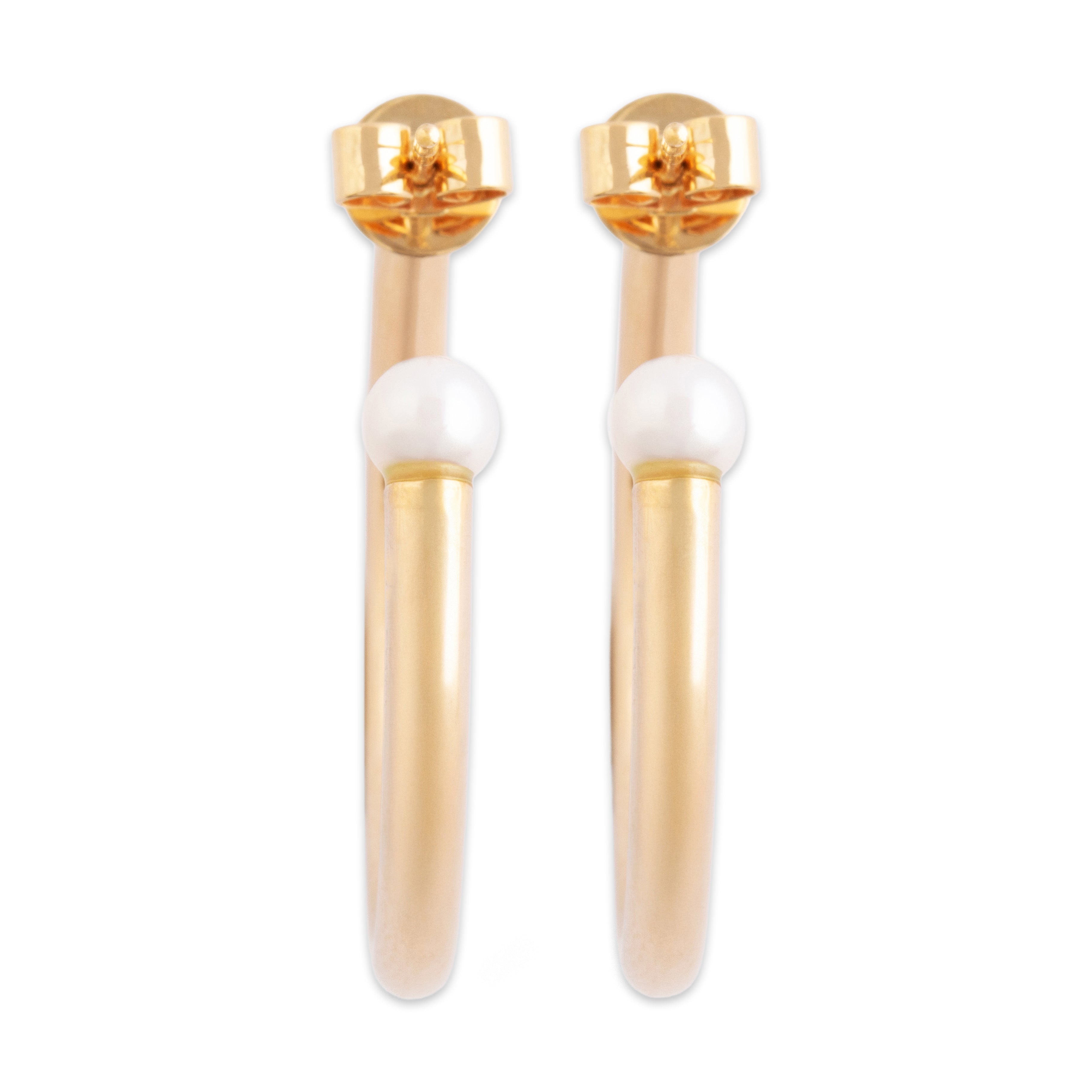 Vintage 14k Yellow Gold Pearl Tubular Open Hoop Earrings - Back view