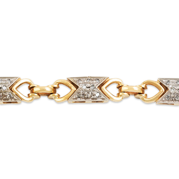 Vintage Italian Heavy 14k Yellow & White Gold Diamond Geometric Link Bracelet 7