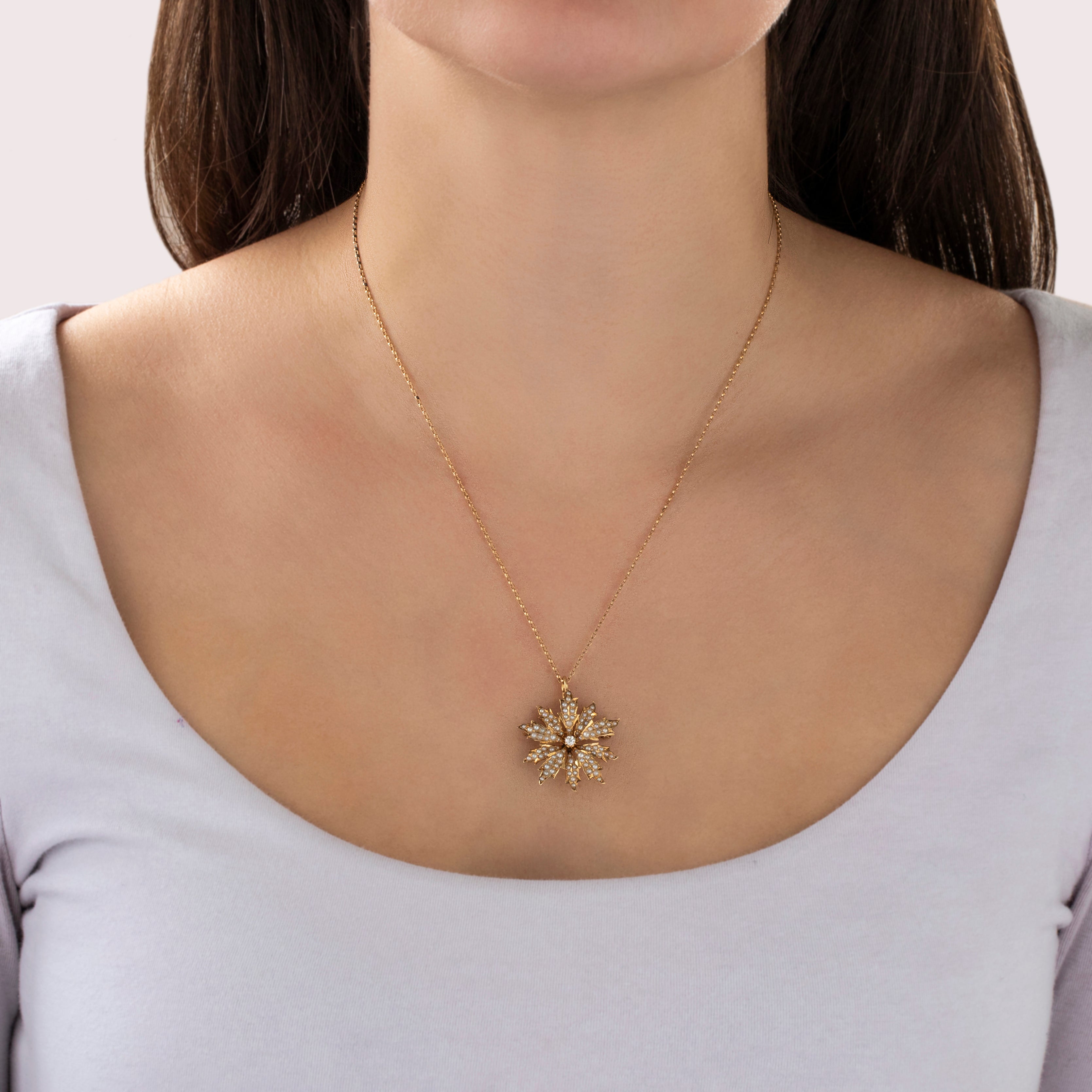 Antique 14k Yellow Gold Old European Diamond Pearl Wintery Flower Pin / Pendant - On model view