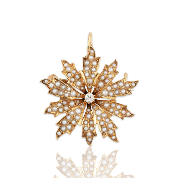 Antique 14k Yellow Gold Old European Diamond Pearl Wintery Flower Pin / Pendant