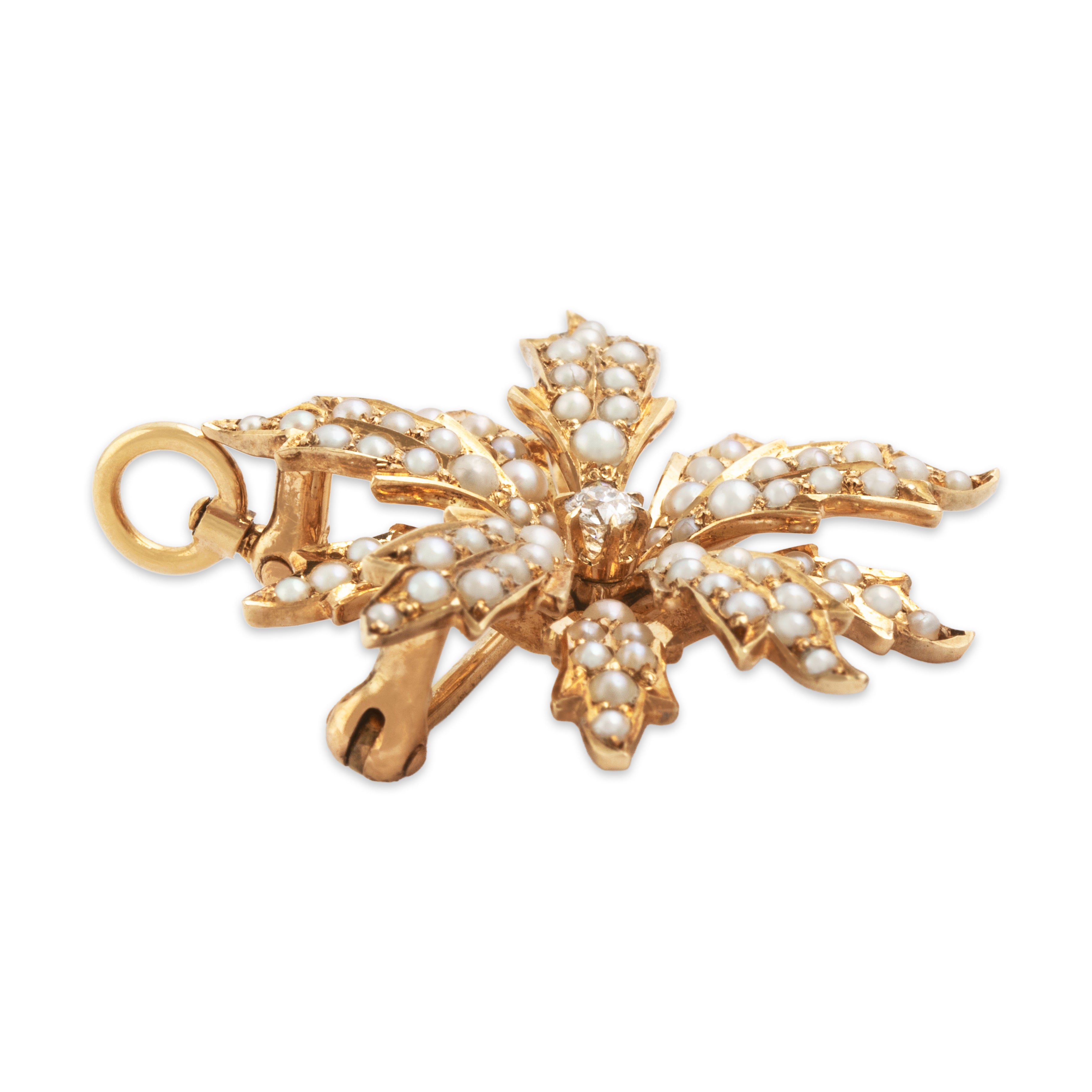 Antique 14k Yellow Gold Old European Diamond Pearl Wintery Flower Pin / Pendant - Side view