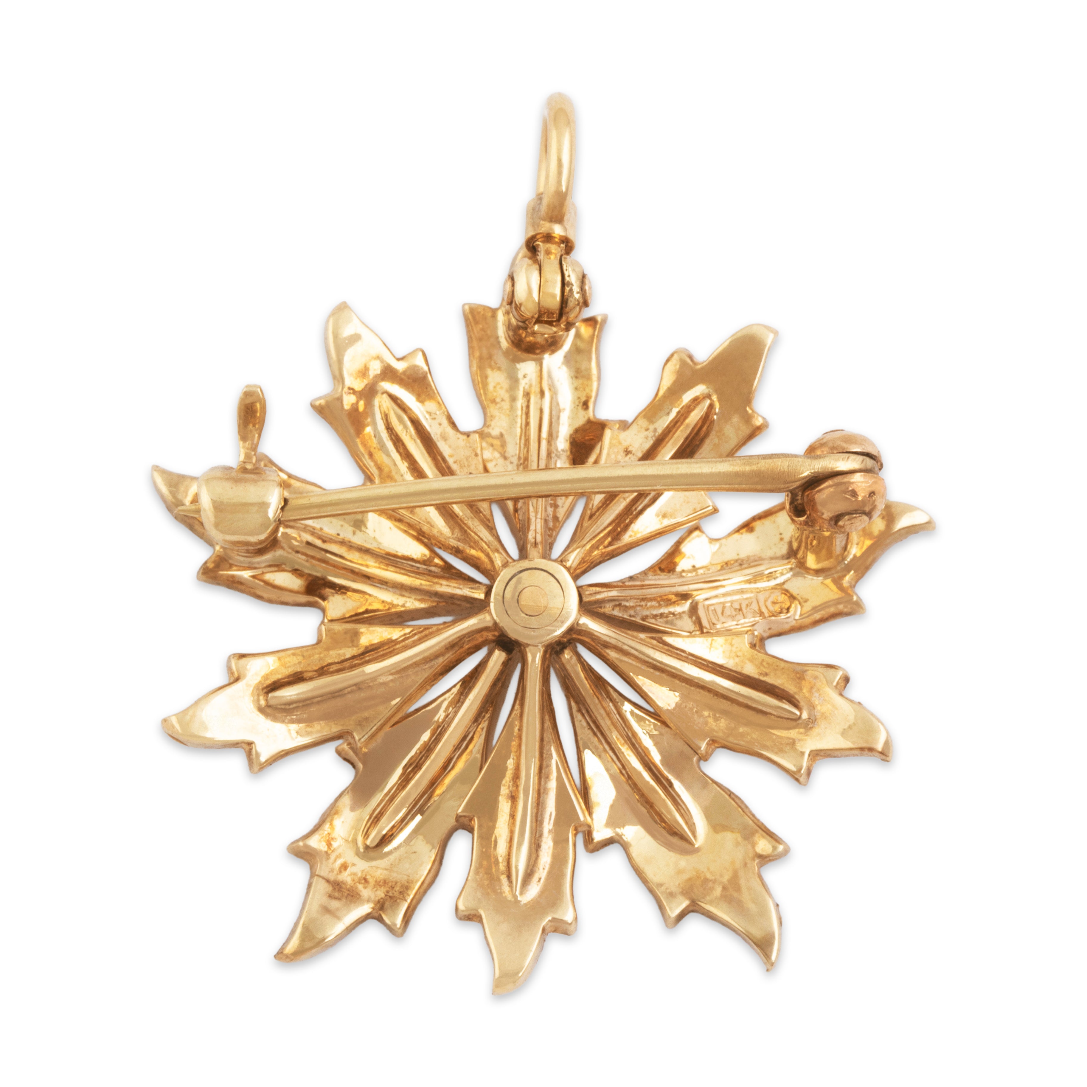 Antique 14k Yellow Gold Old European Diamond Pearl Wintery Flower Pin / Pendant - Back view