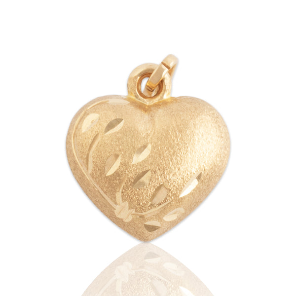 Vintage 14k Yellow Gold Brushed Etched Puffy Heart Charm / Pendant