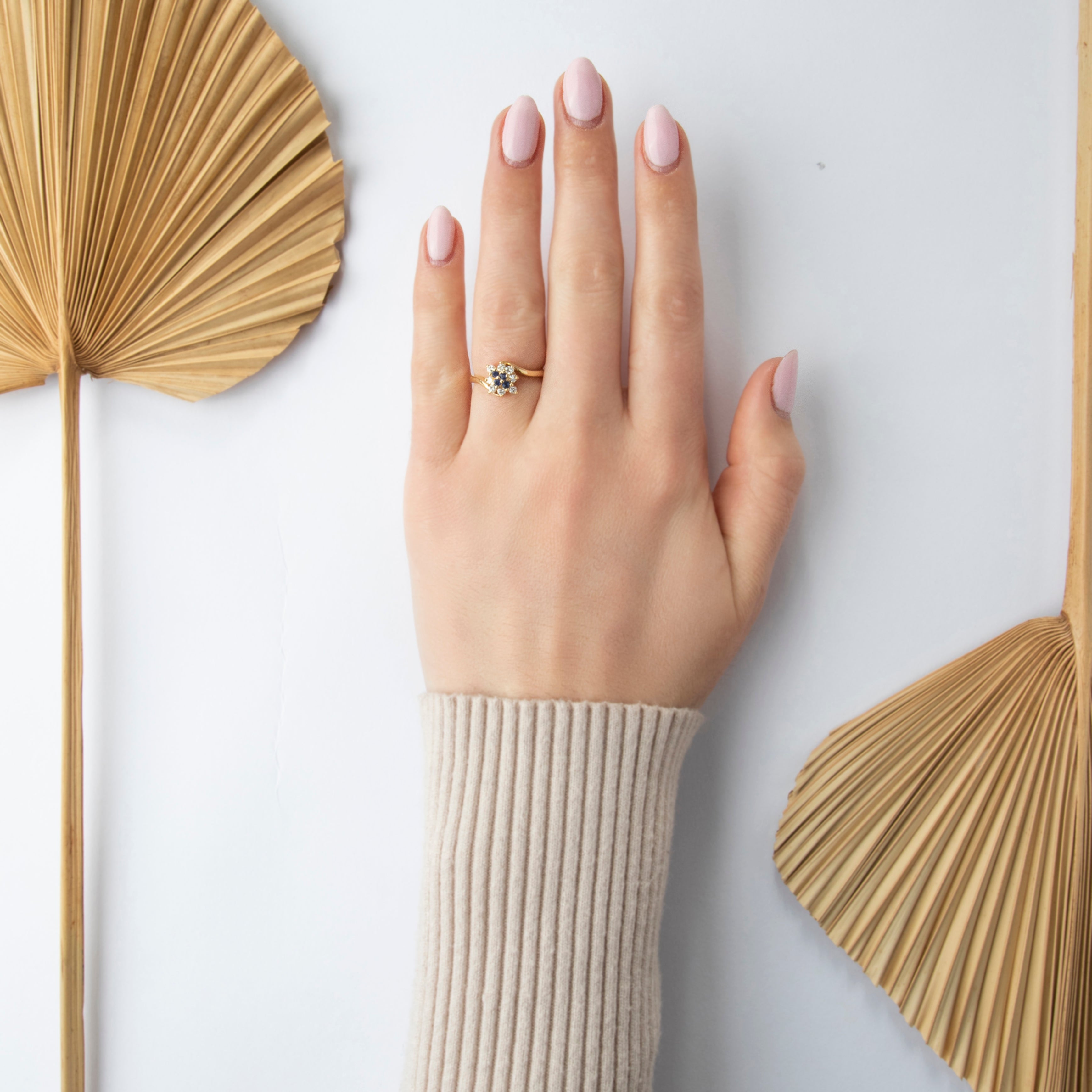 Vintage 14k Yellow Gold Diamond Blue Sapphire Square Cluster Ring - On model view