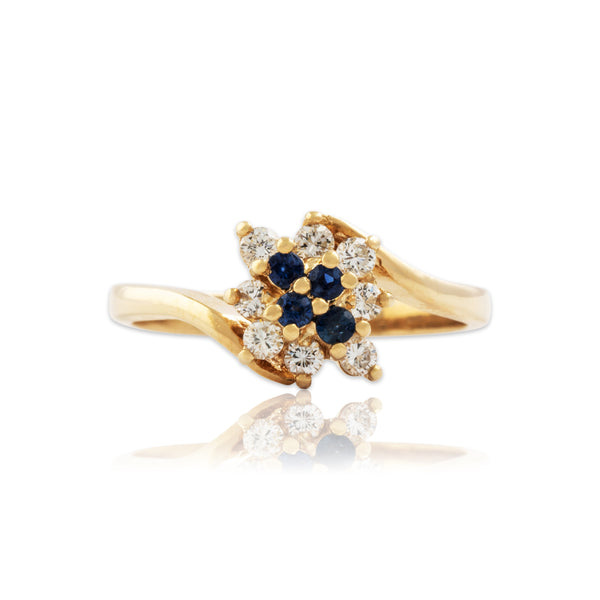 Vintage 14k Yellow Gold Diamond Blue Sapphire Square Bypass Ring 6.00