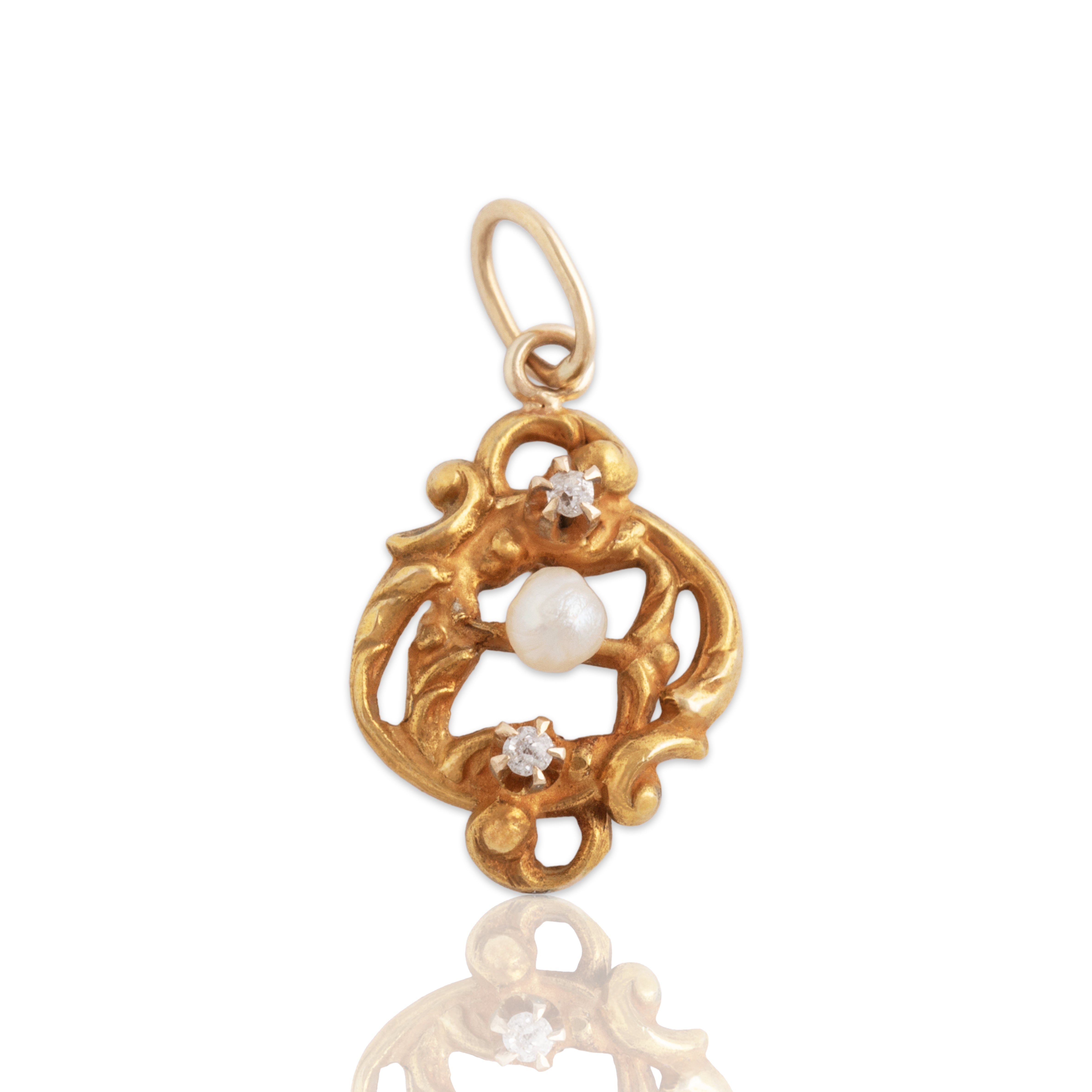 Antique 10k Yellow Gold Pearl Diamond Wonderful Satin Scroll Charm / Pendant