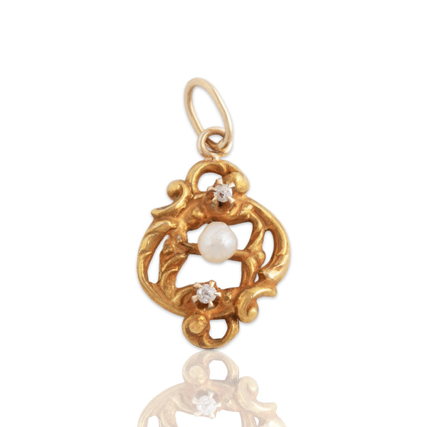 Antique 10k Yellow Gold Pearl Diamond Wonderful Satin Scroll Charm / Pendant
