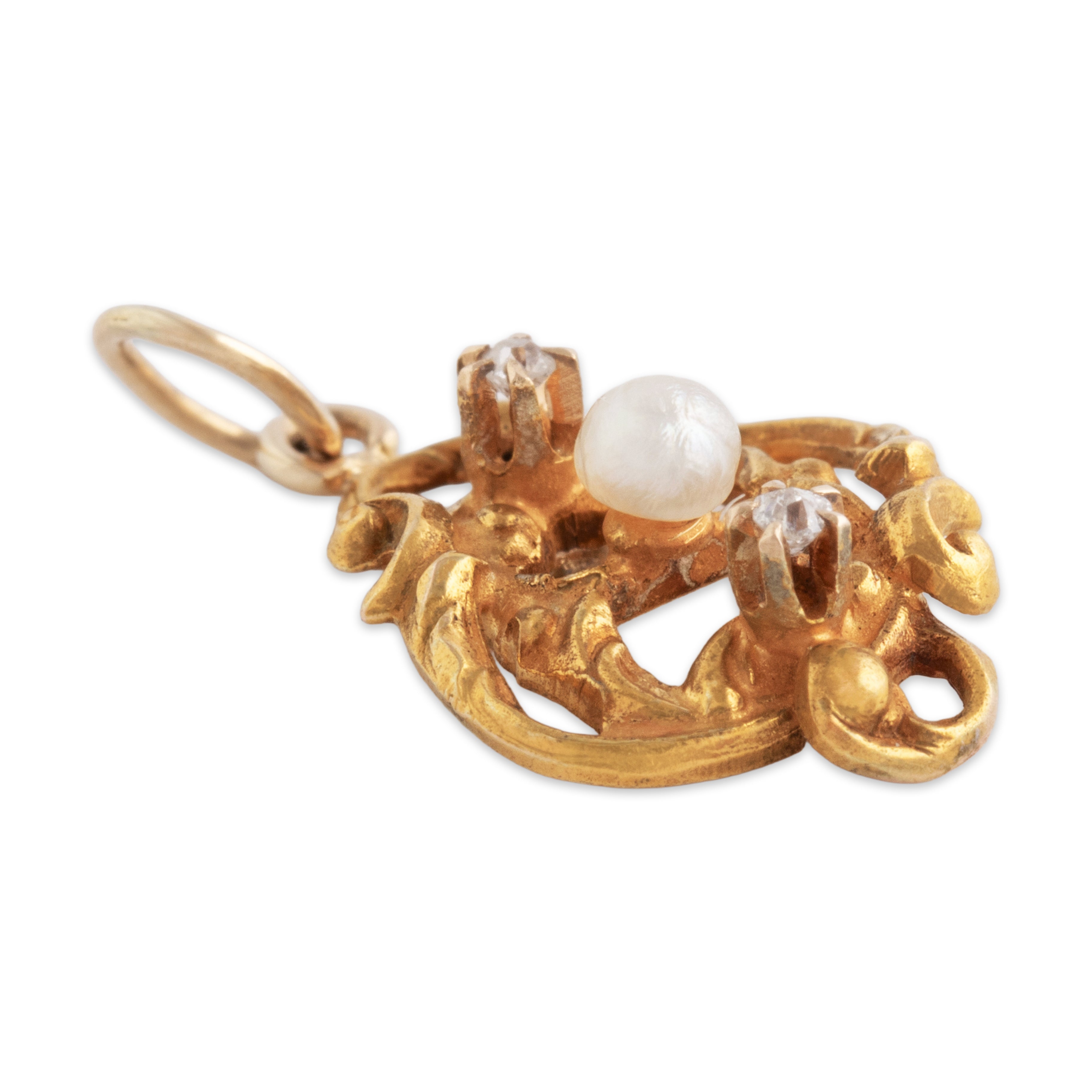 Antique 10k Yellow Gold Pearl Diamond Wonderful Satin Scroll Charm / Pendant