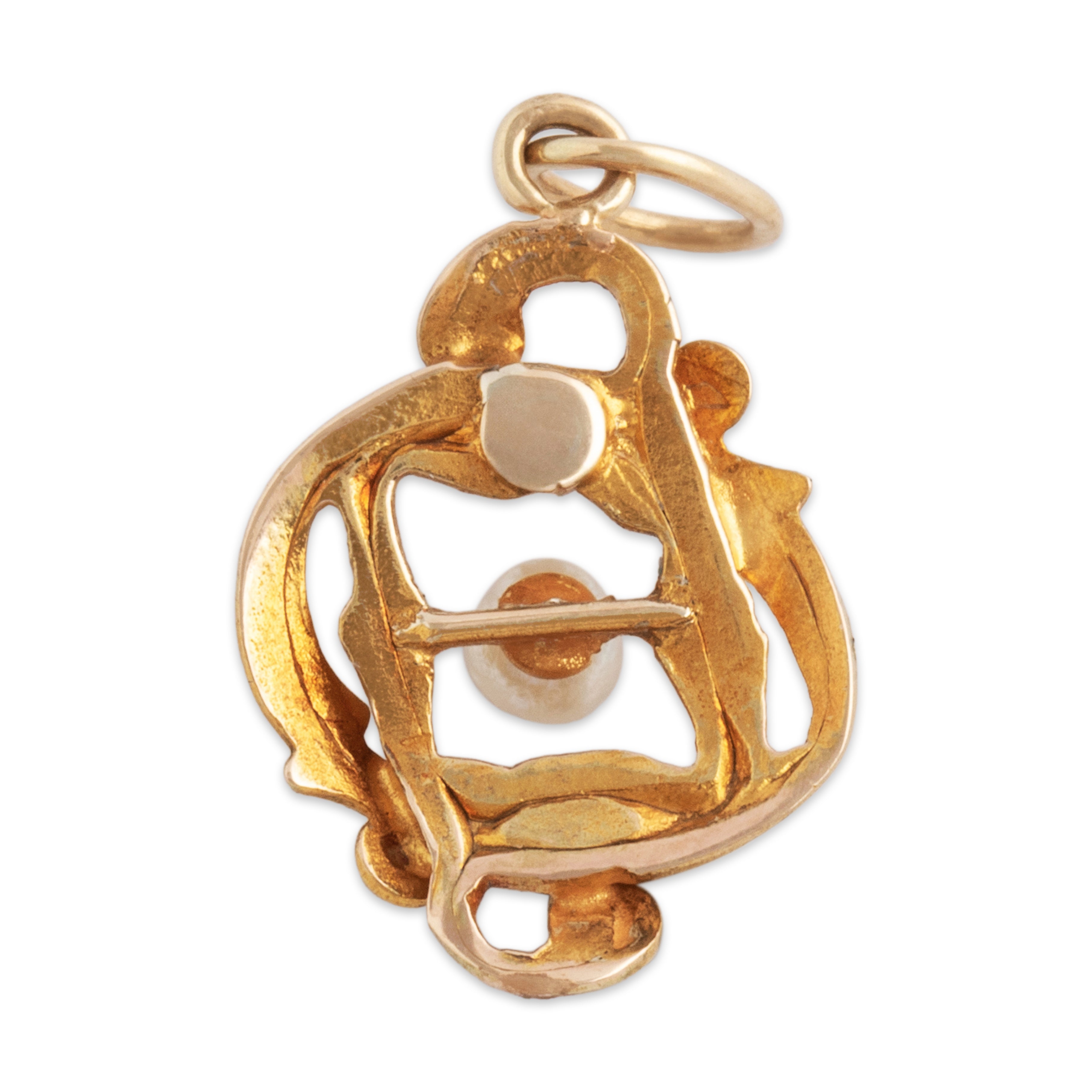 Antique 10k Yellow Gold Pearl Diamond Wonderful Satin Scroll Charm / Pendant