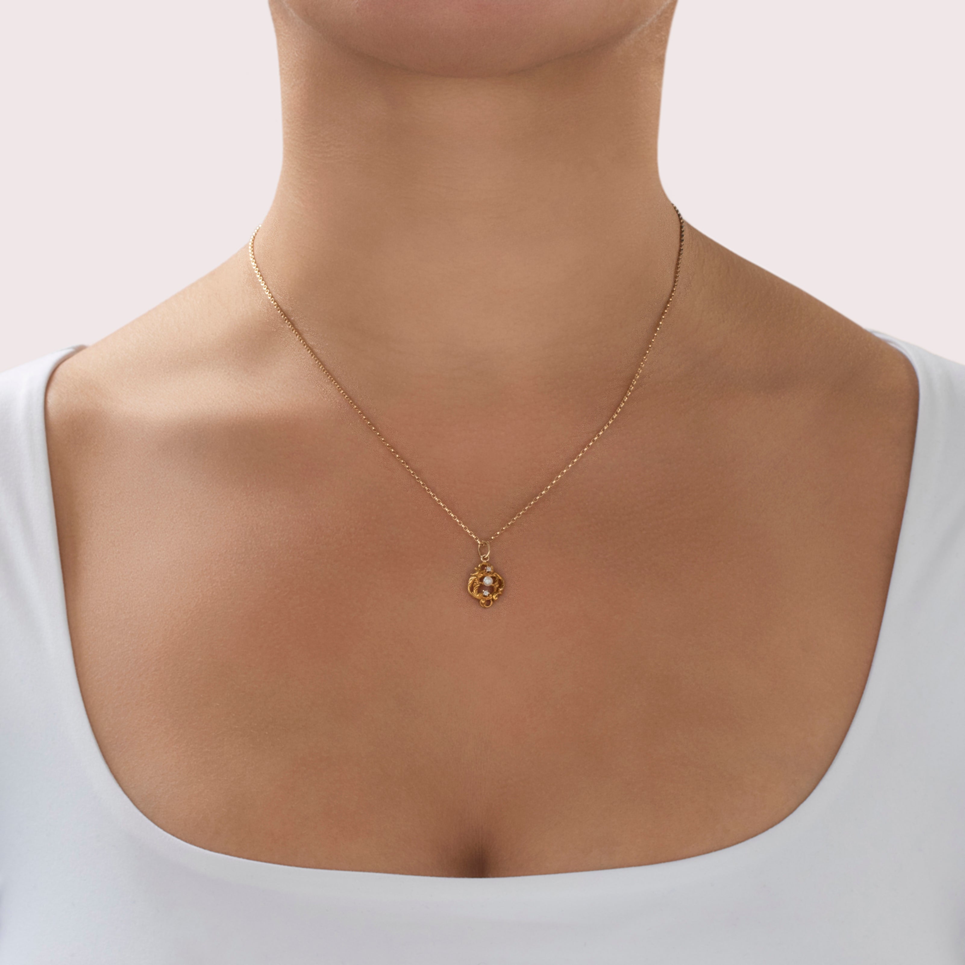 Antique 10k Yellow Gold Pearl Diamond Wonderful Satin Scroll Charm / Pendant - On model view