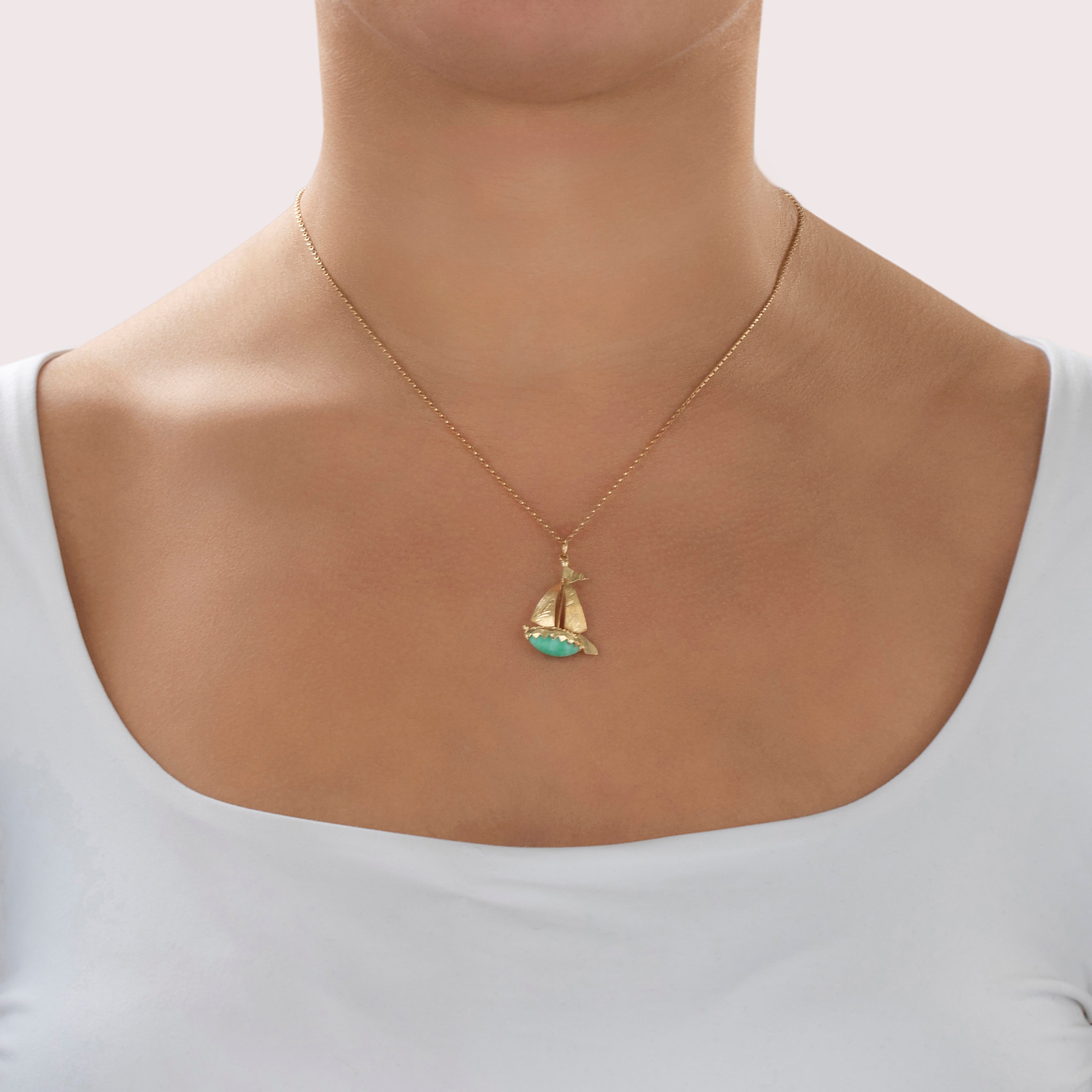 Vintage 14k Yellow Gold 2.5ct Variscite Delightful Sailboat Charm / Pendant - On model view