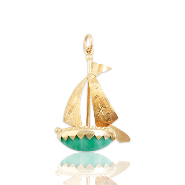 Vintage 14k Yellow Gold 2.5ct Variscite Delightful Sailboat Charm / Pendant