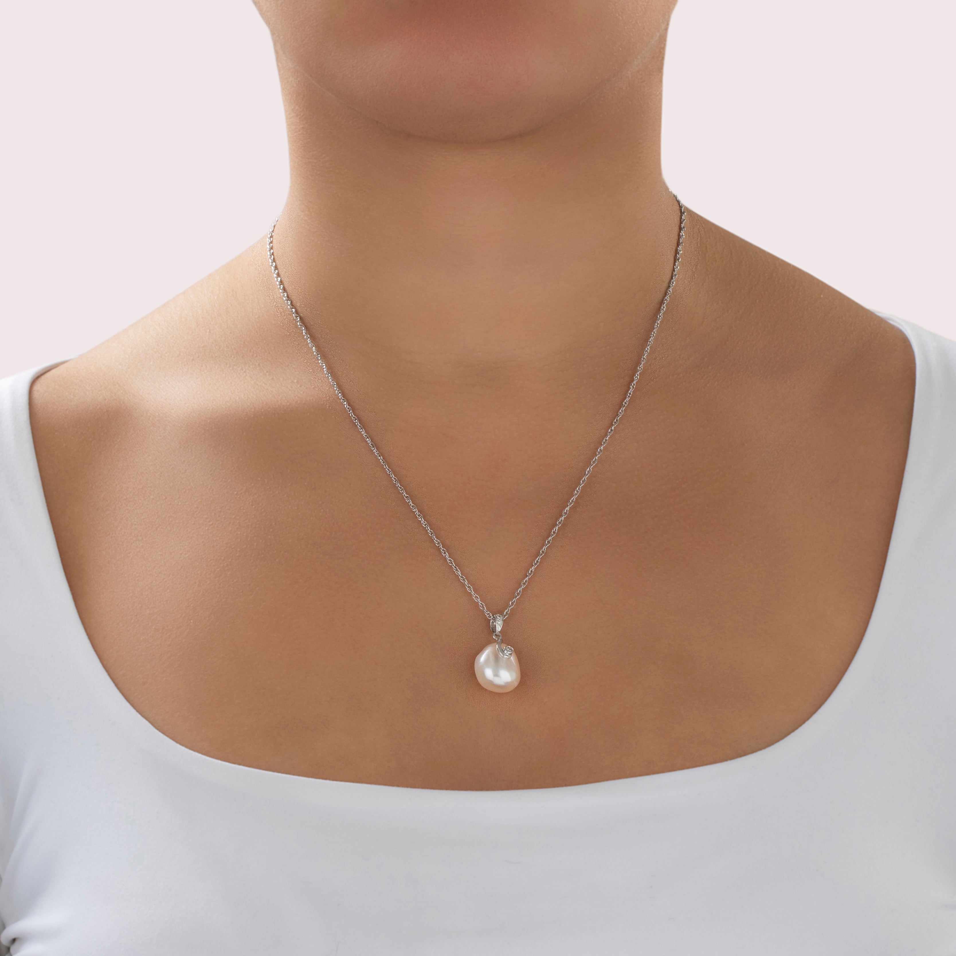 Vintage 14k White Gold Baroque Pearl Diamond Beautiful Swirl Pendant - On model view