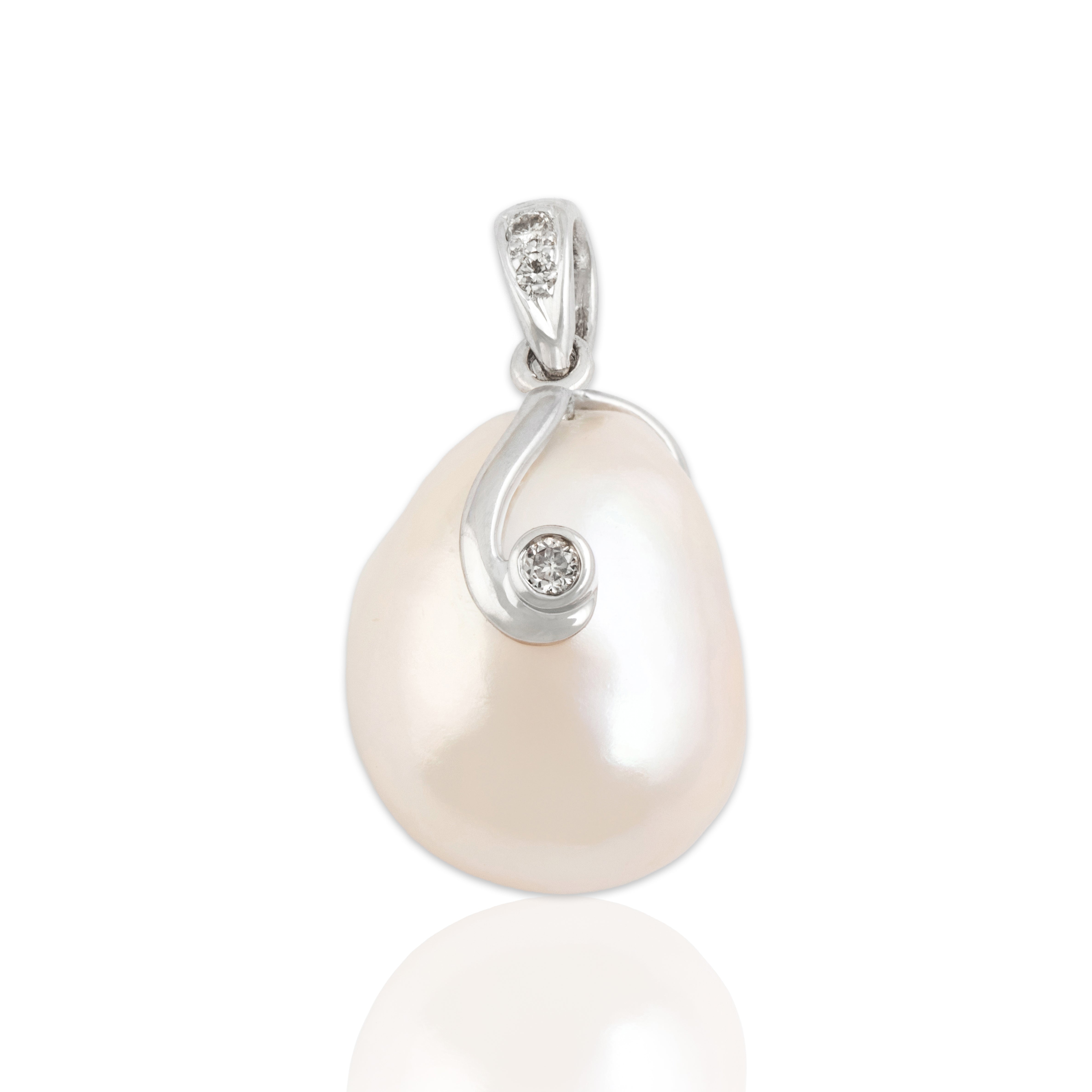 Vintage 14k White Gold Baroque Pearl Diamond Beautiful Swirl Pendant - Close-up view