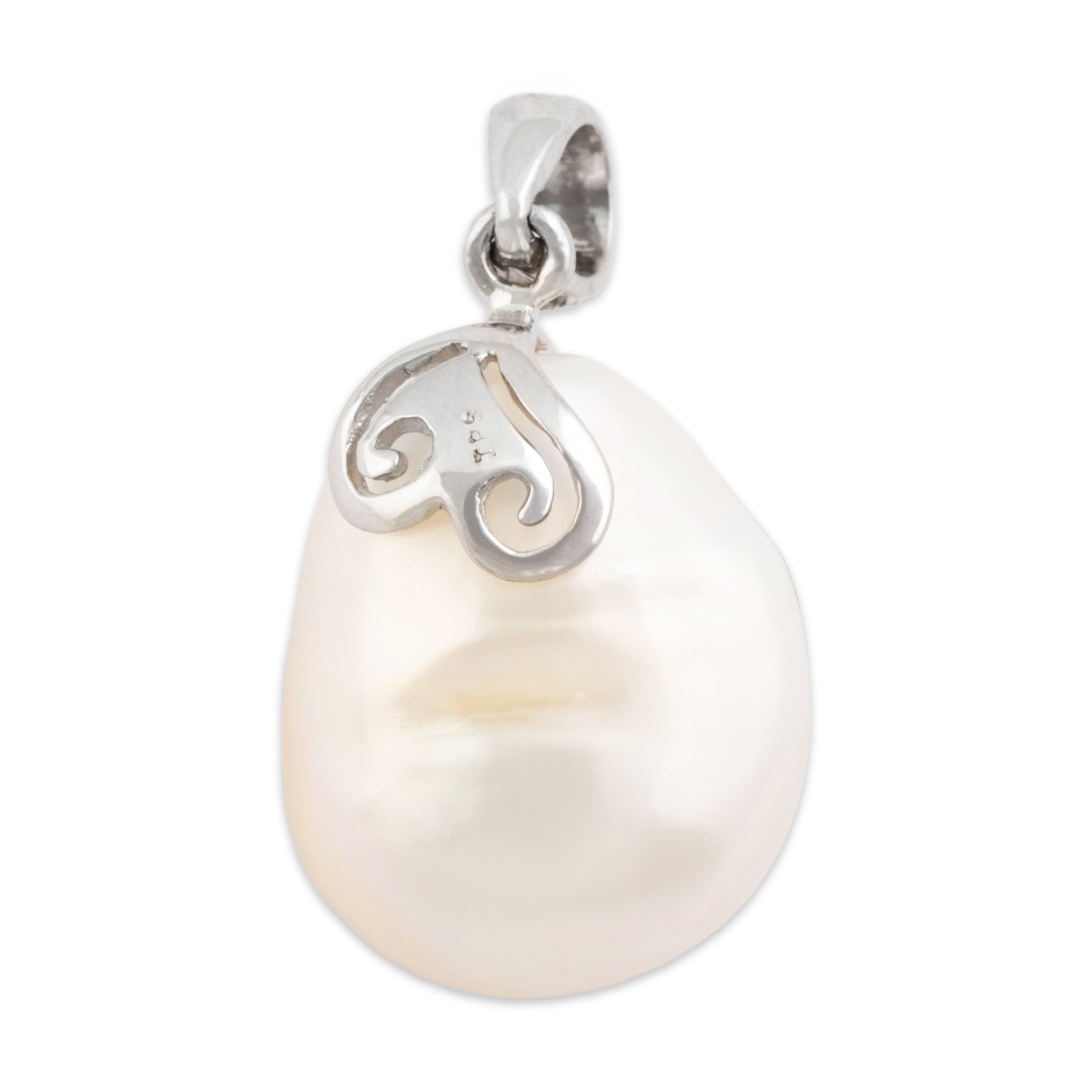 Vintage 14k White Gold Baroque Pearl Diamond Beautiful Swirl Pendant - Overall view