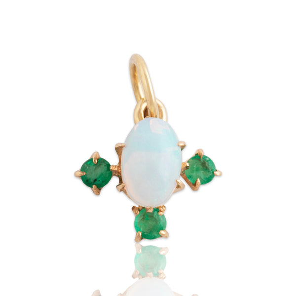 Antique Lightweight 10k Yellow Gold Opal Emerald Glowing Cross Charm / Pendant