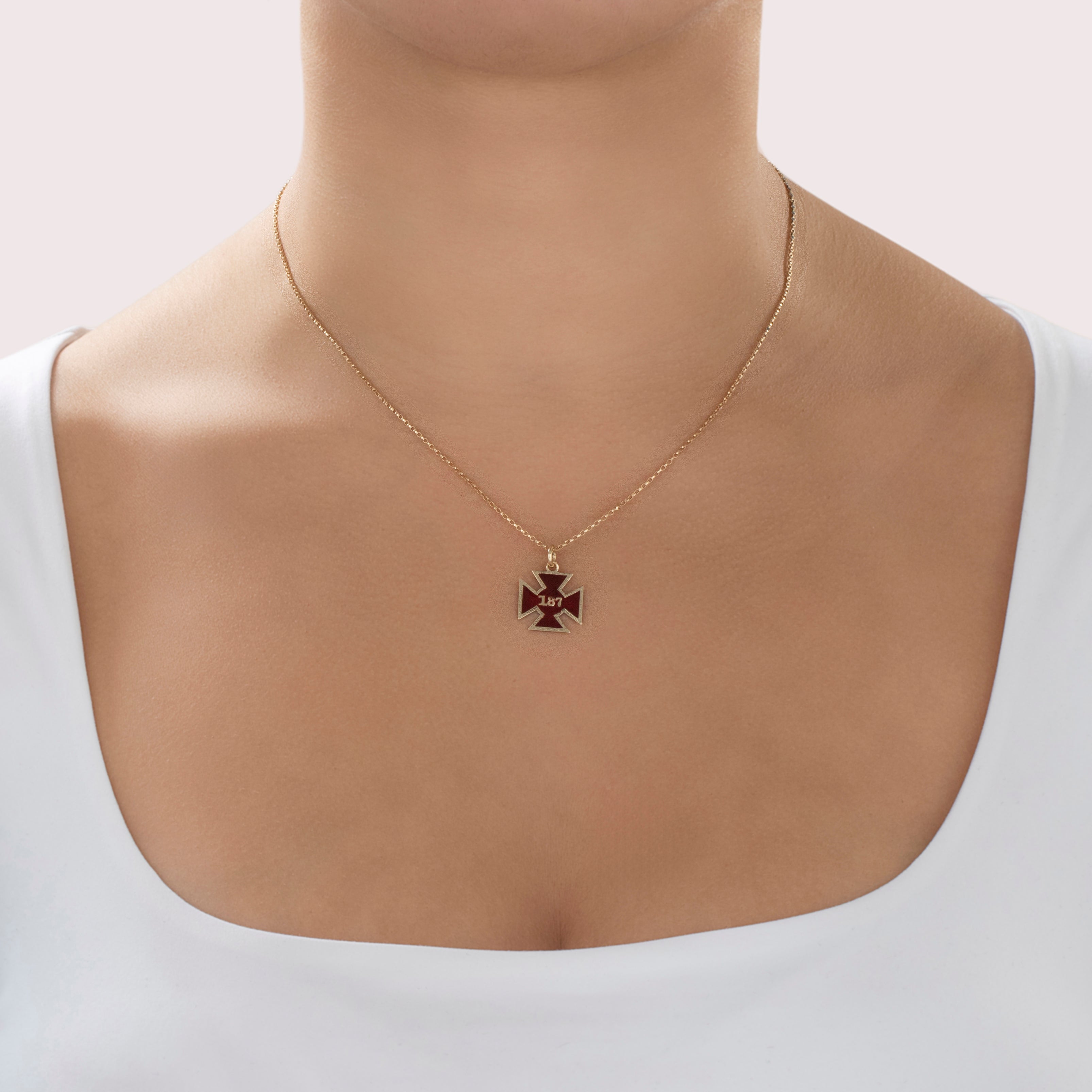 Antique 14k Yellow Gold Red Enamel Civil War Cross Dated 1865 Charm / Pendant - On model view