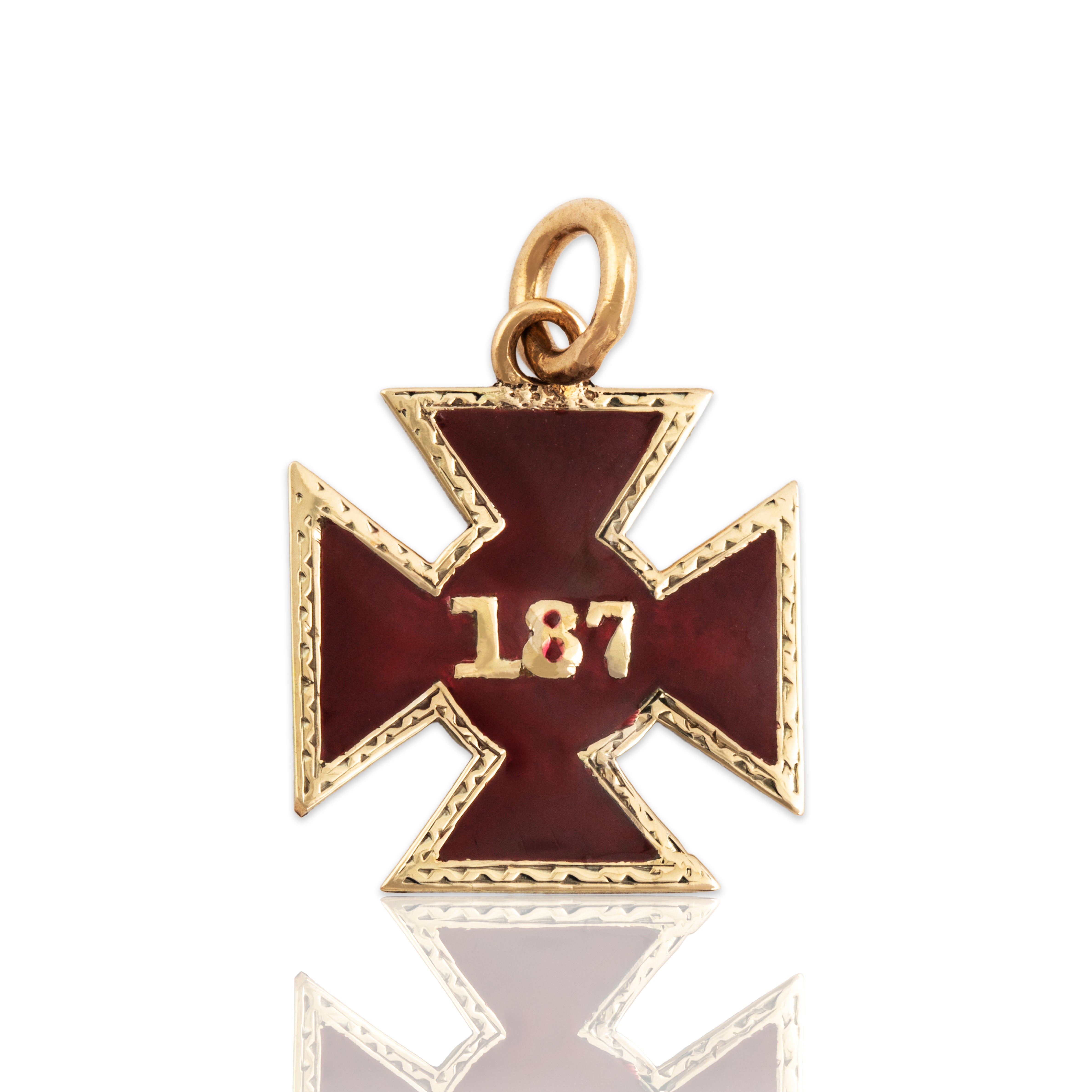 Antique 14k Yellow Gold Red Enamel Civil War Cross Dated 1865 Charm / Pendant - Close-up view