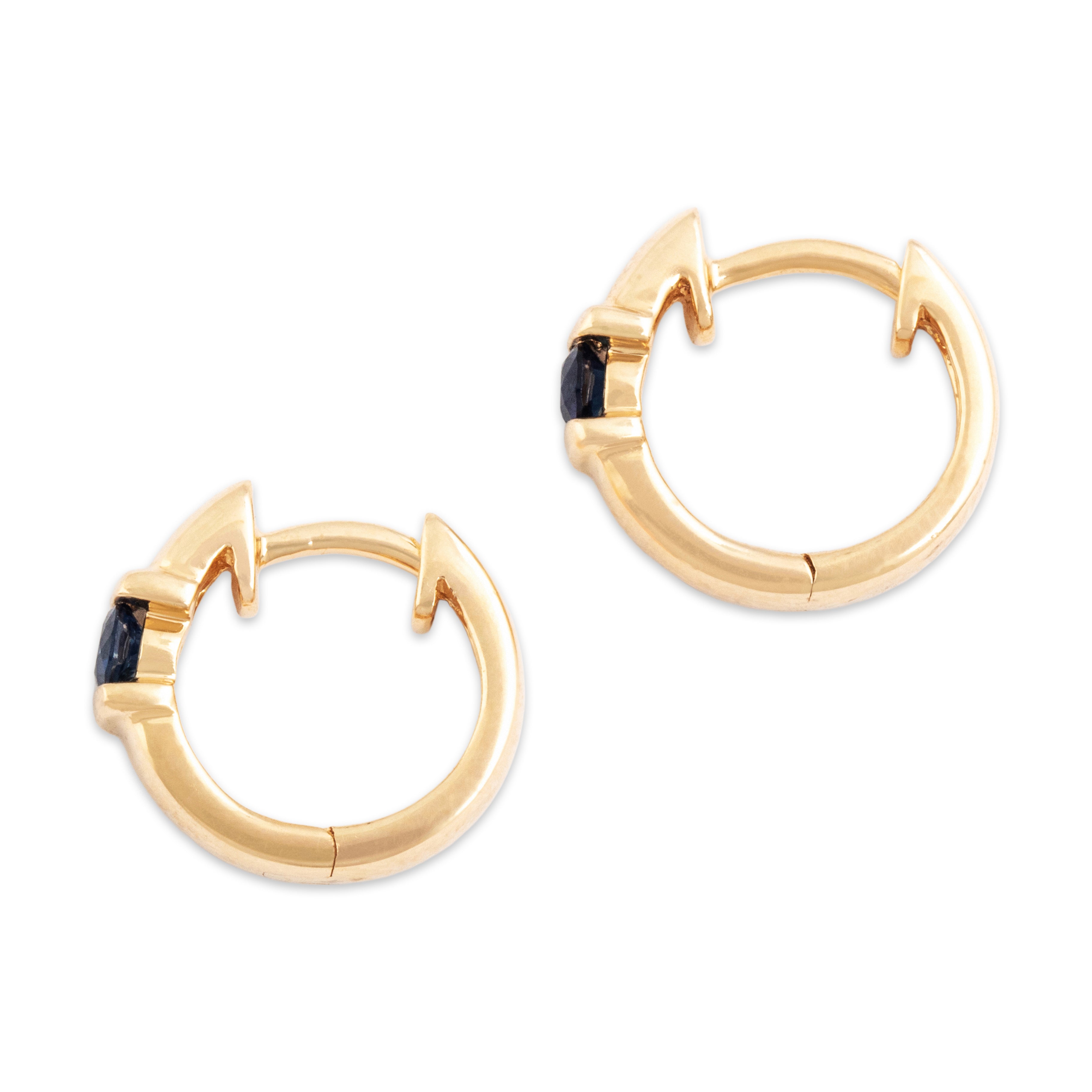 Vintage Small 14k Yellow Gold Blue Sapphire Pretty Bar-Set Hoop Earrings