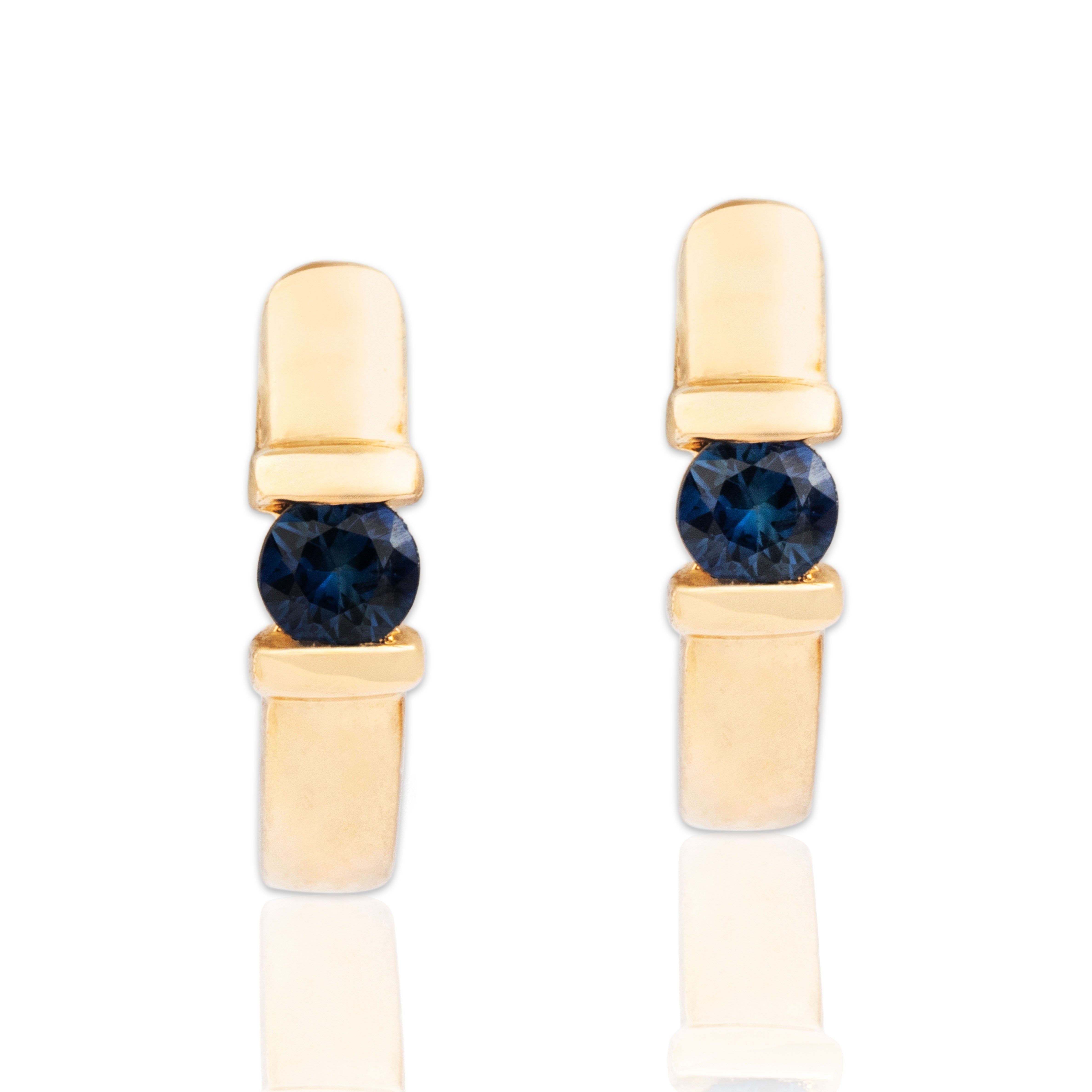 Vintage Small 14k Yellow Gold Blue Sapphire Pretty Bar-Set Hoop Earrings