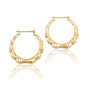 Vintage Large Lightweight 14k Yellow Gold Classic Bamboo Hoop Earrings