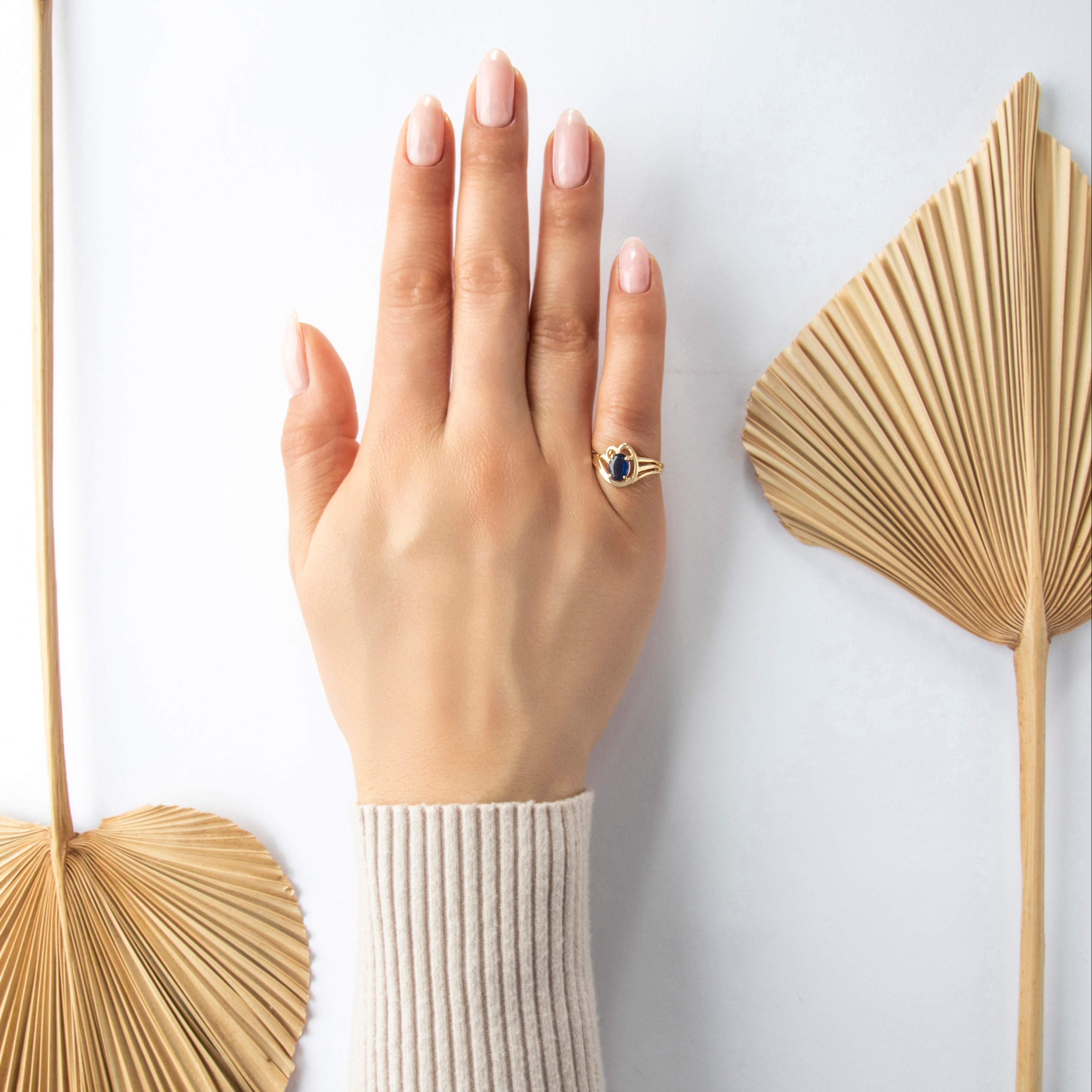 Vintage 14k Yellow Gold Blue Sapphire Swirling Asymmetric Ring - On model view