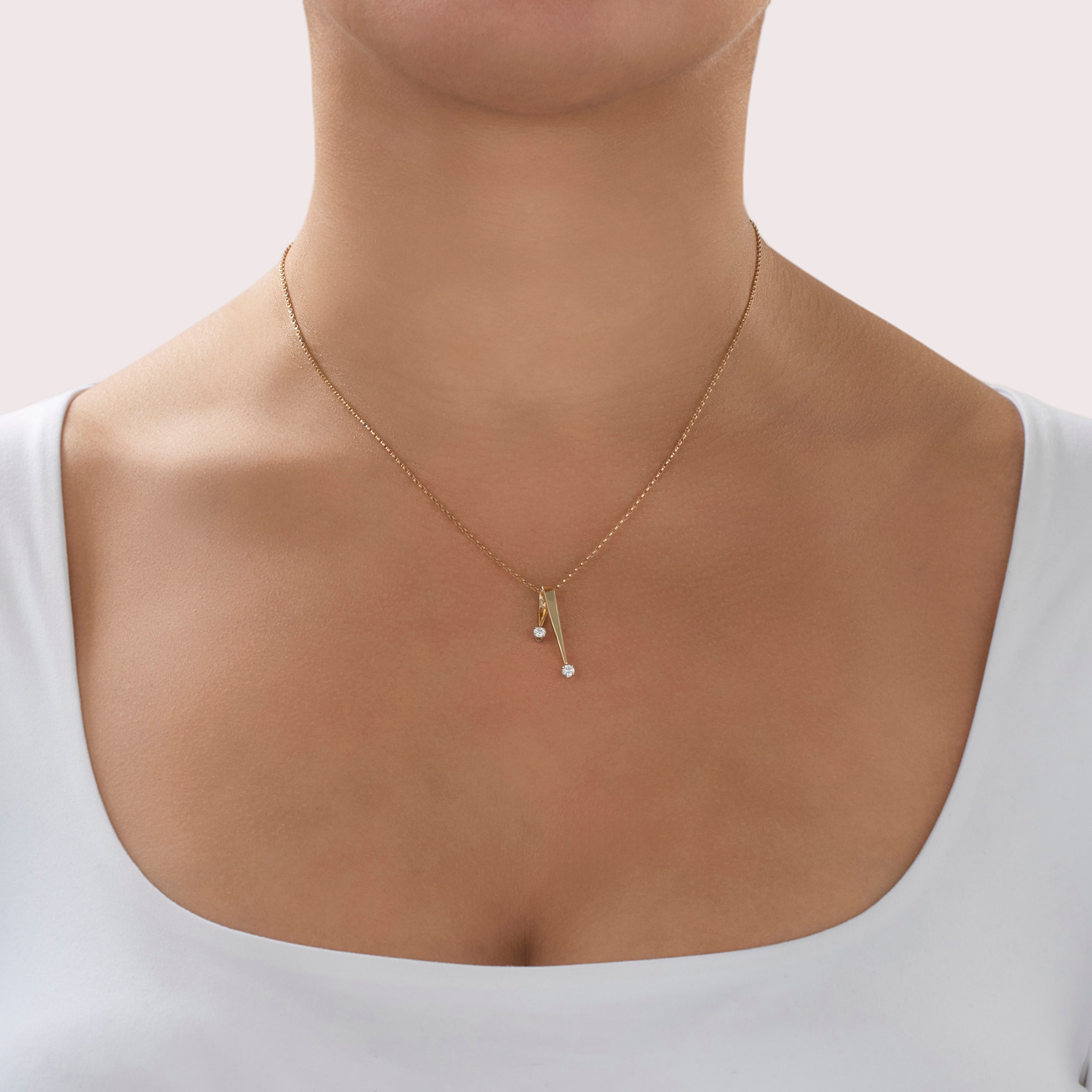 Vintage 14k Yellow Gold Diamond Wonderful Modern Ribbon Pendant - On model view