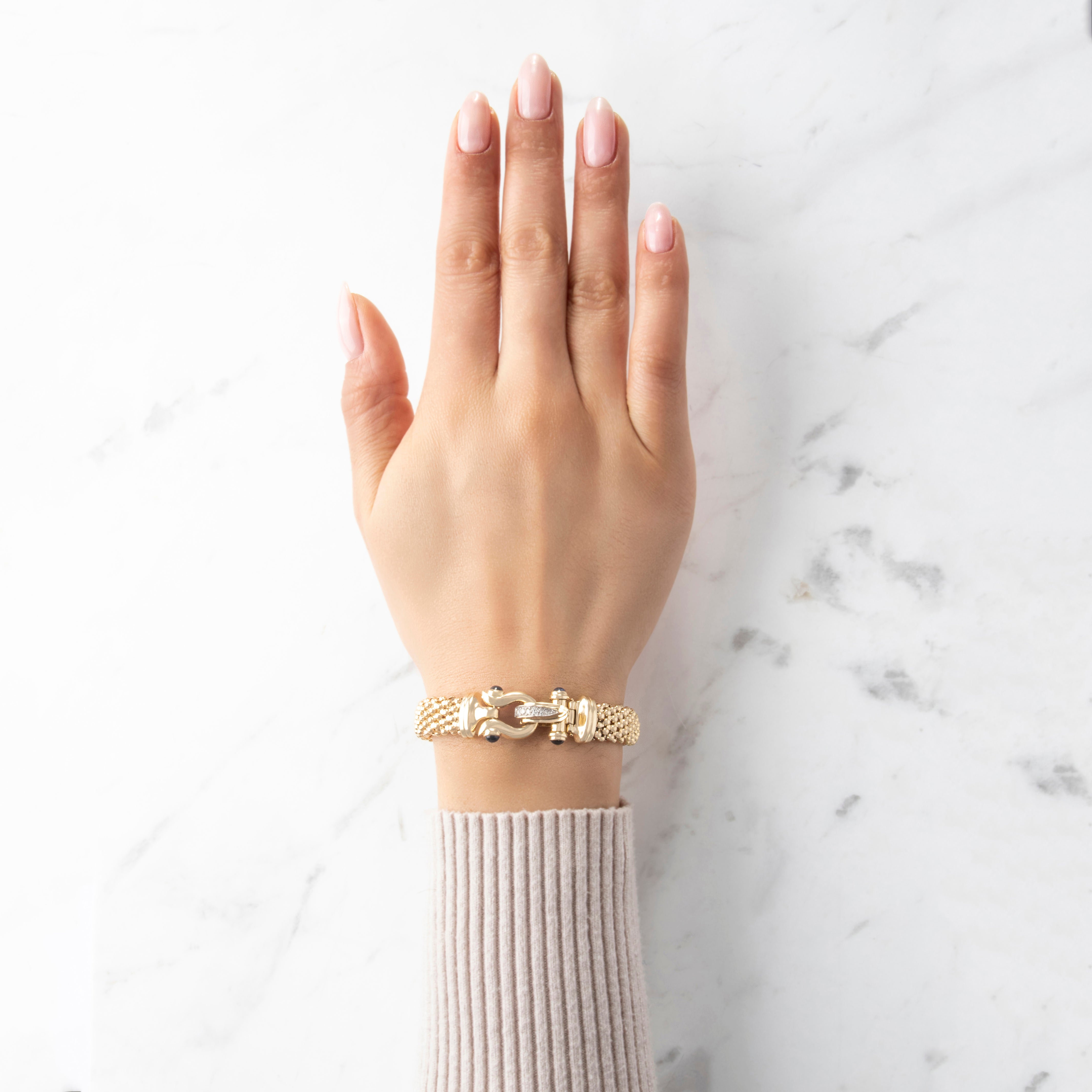 Vintage Italian 14k Yellow Gold Sapphire Diamond Mesh Buckle Clasp Bracelet - On model view