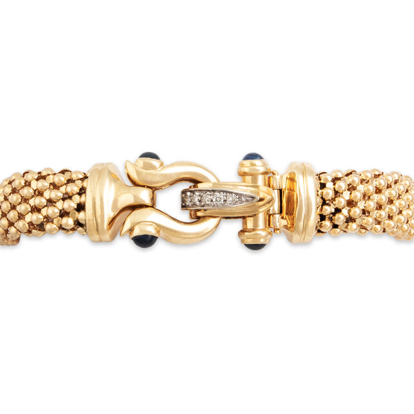 Vintage Italian 14k Yellow Gold Blue Sapphire Diamond Mesh Buckle Bracelet 6.5