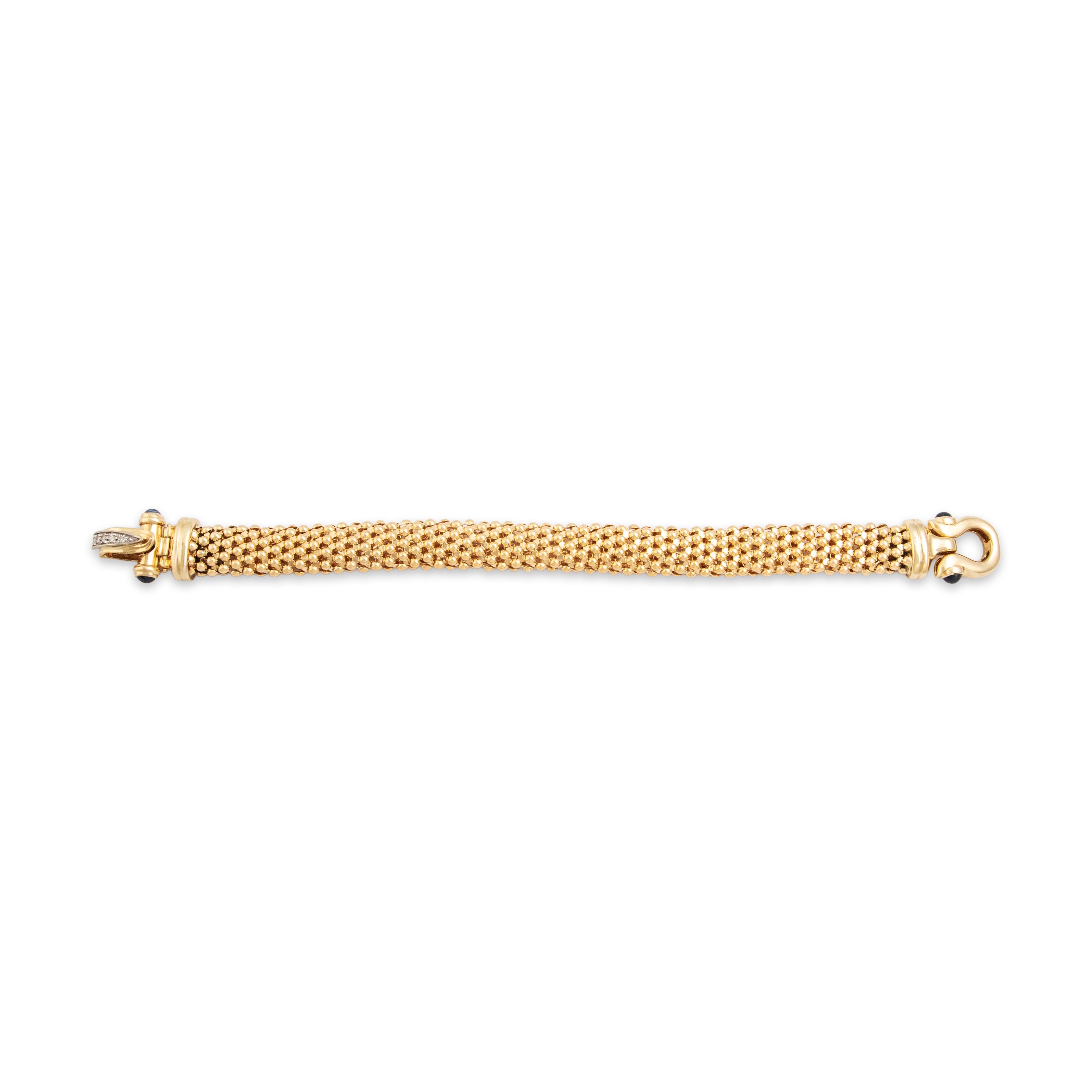 Vintage Italian 14k Yellow Gold Sapphire Diamond Mesh Buckle Clasp Bracelet - Close-up view