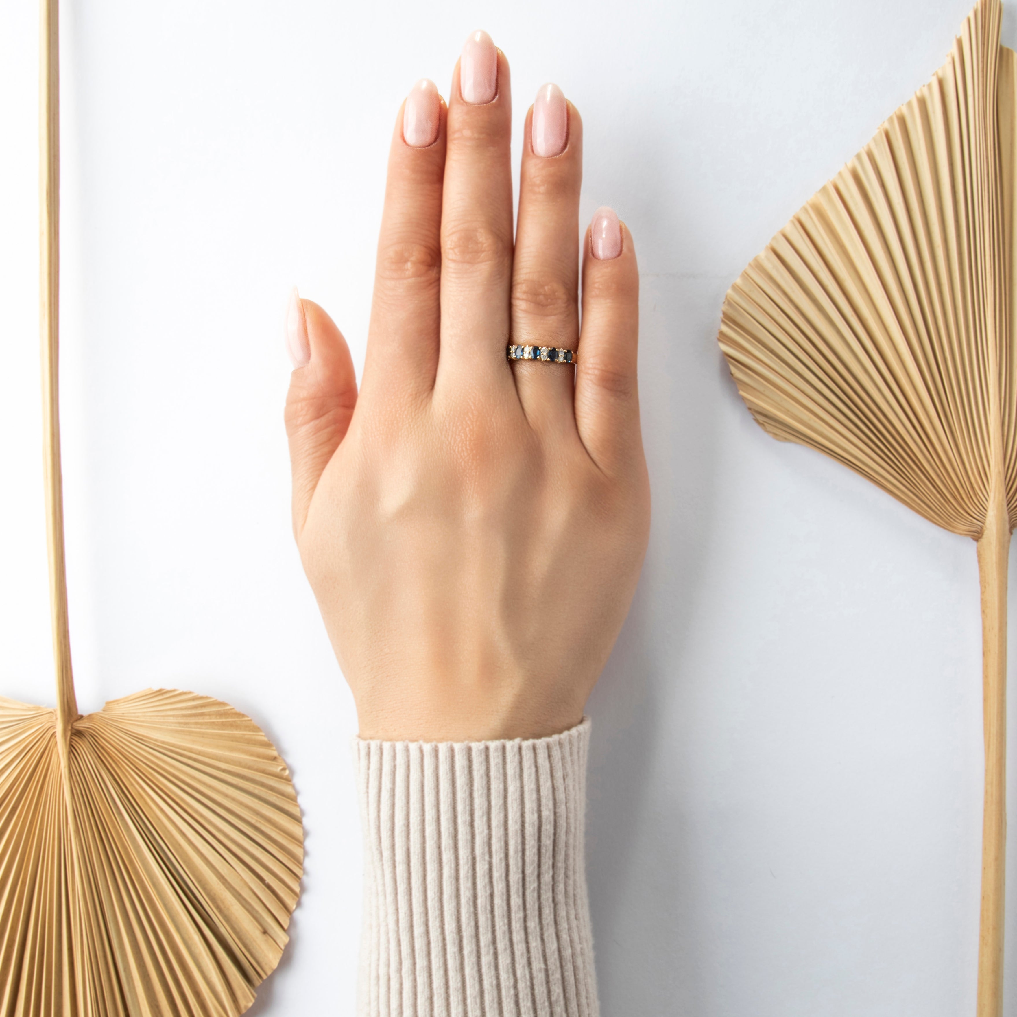 Vintage 14k Yellow Gold Blue Sapphire Diamond Chic Alternating Band Ring - On model view