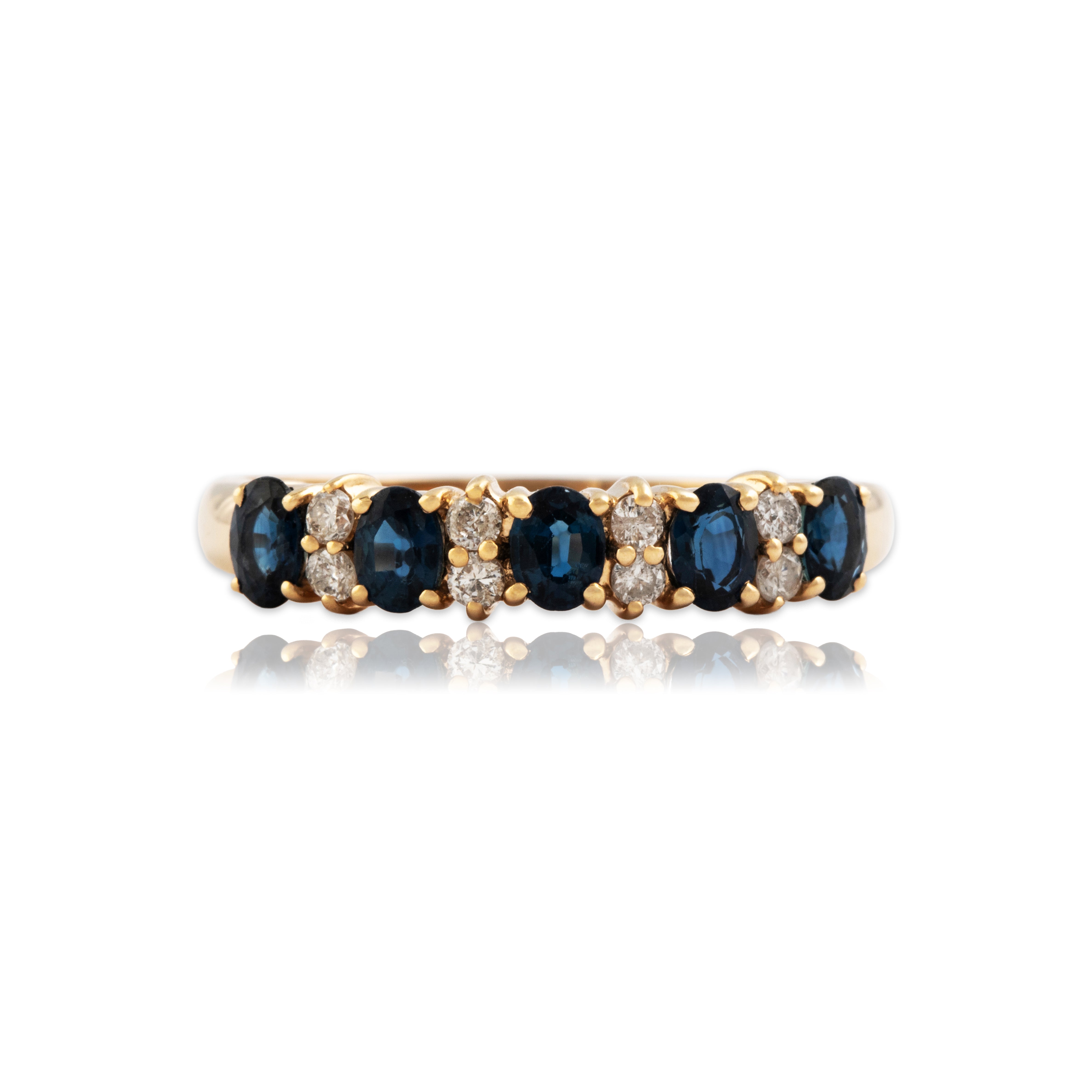 Vintage 14k Yellow Gold Blue Sapphire Diamond Chic Alternating Band Ring - Close-up view