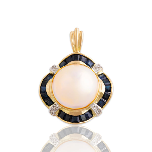 Vintage Large 14k Yellow Gold Mabé Pearl 2cttw Sapphire Diamond Enhancer Pendant