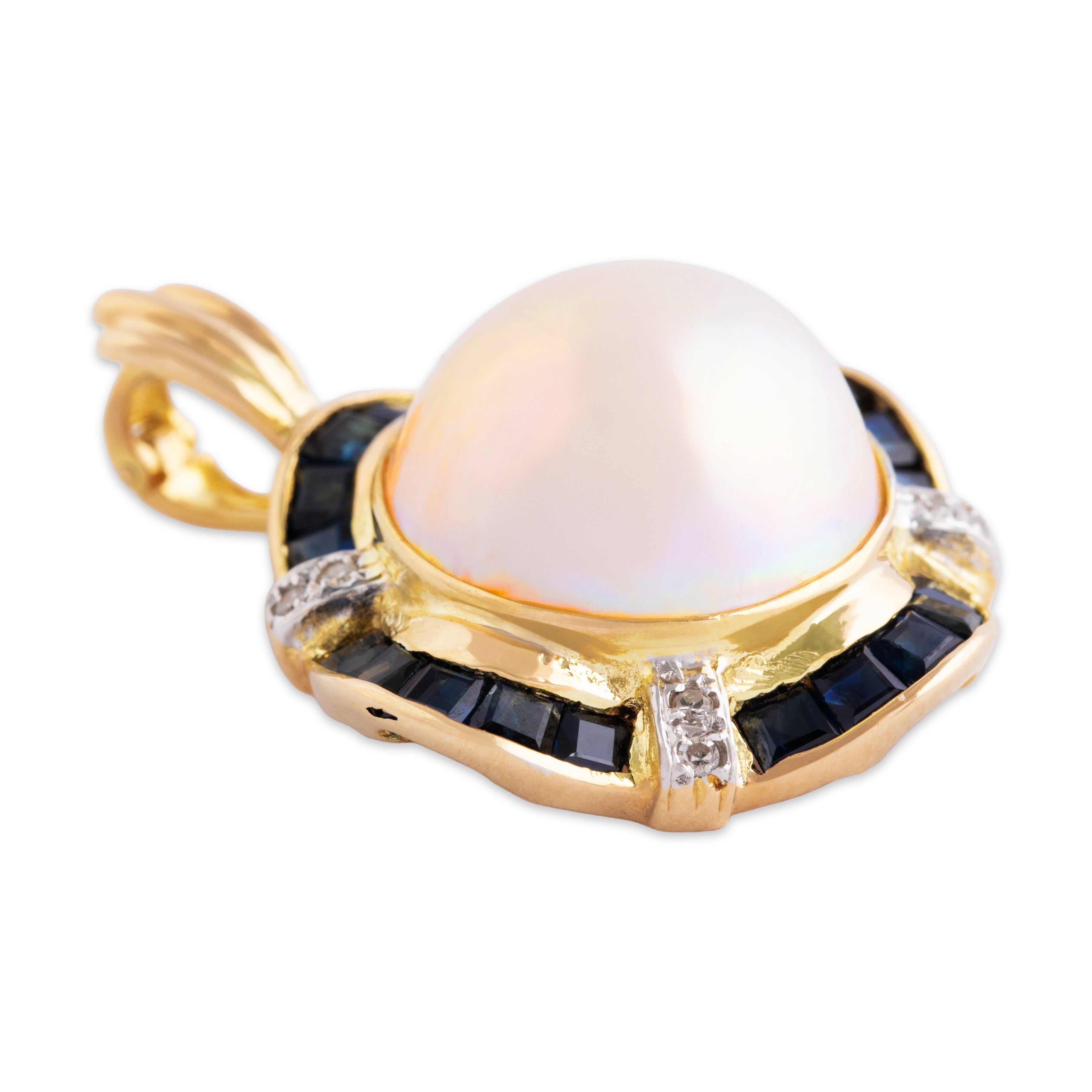 Vintage Large 14k Yellow Gold Mabé Pearl 2cttw Sapphire Diamond Enhancer Pendant