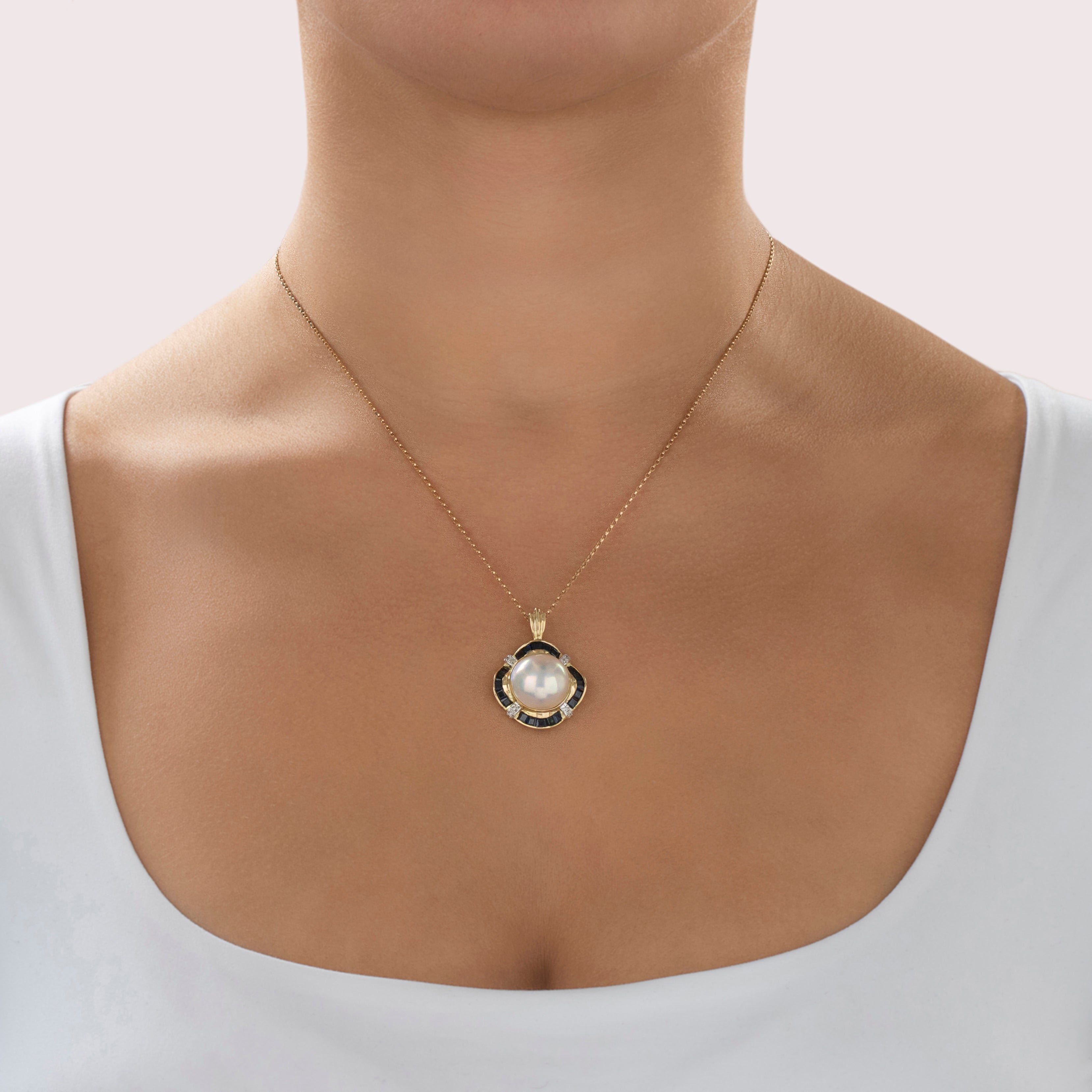 Vintage Large 14k Yellow Gold Mabé Pearl 2cttw Sapphire Diamond Enhancer Pendant - On model view