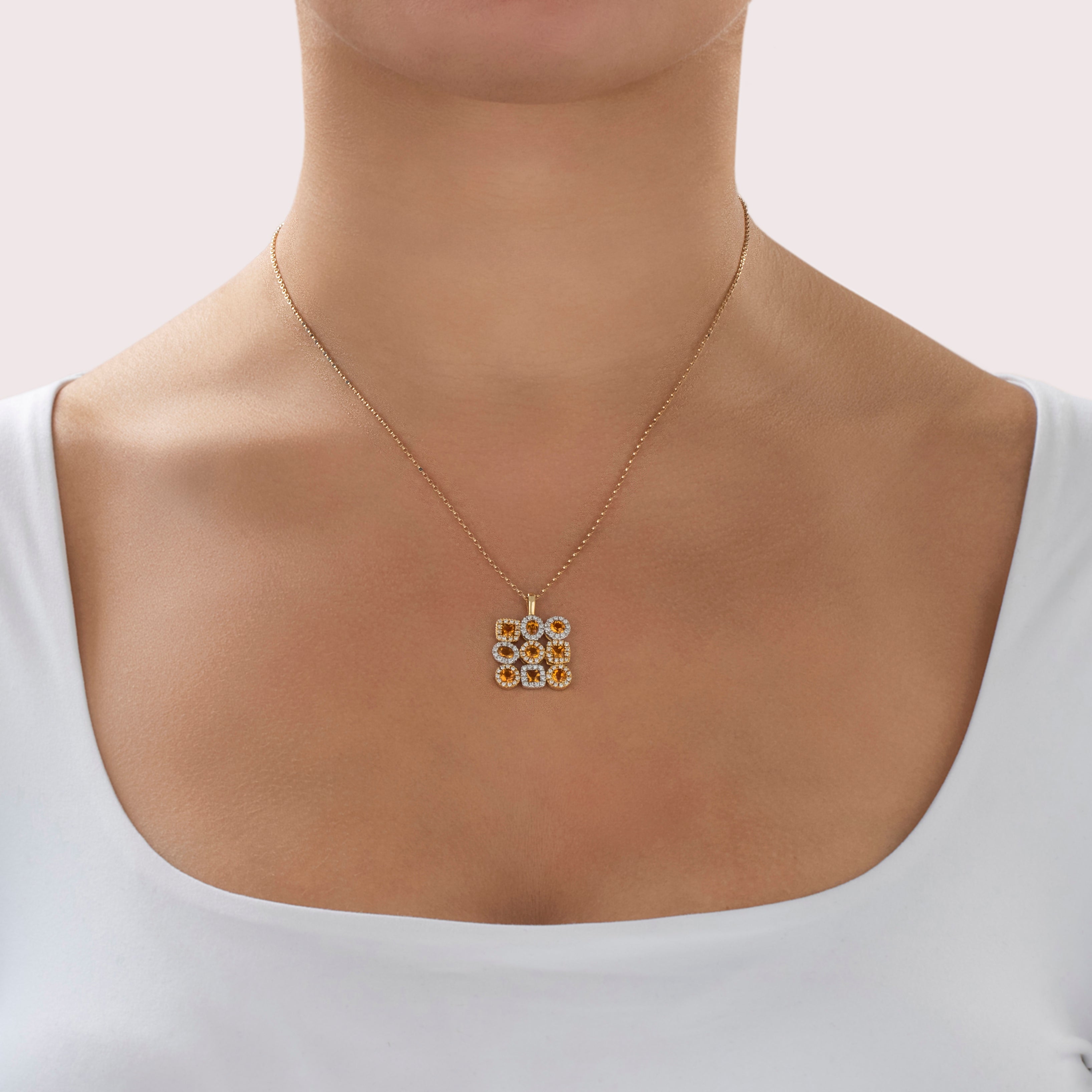 Vintage 18k Yellow & White Gold 1.4cttw Citrine .51cttw Diamond Tile Pendant - On model view