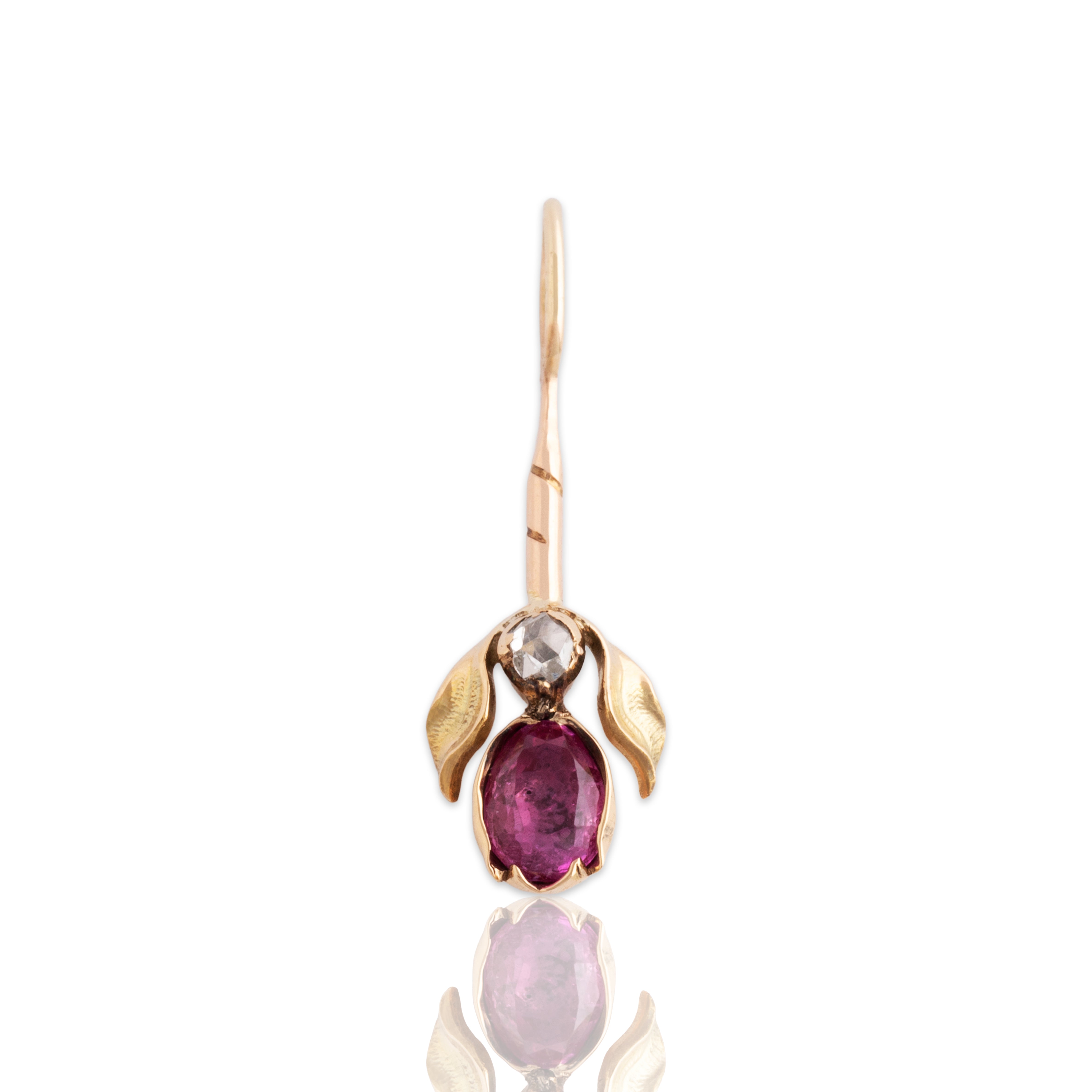 Antique 18k Yellow Gold & 14k Rosy Yellow Gold Ruby Rose Cut Diamond Tulip Pendant - Close-up view