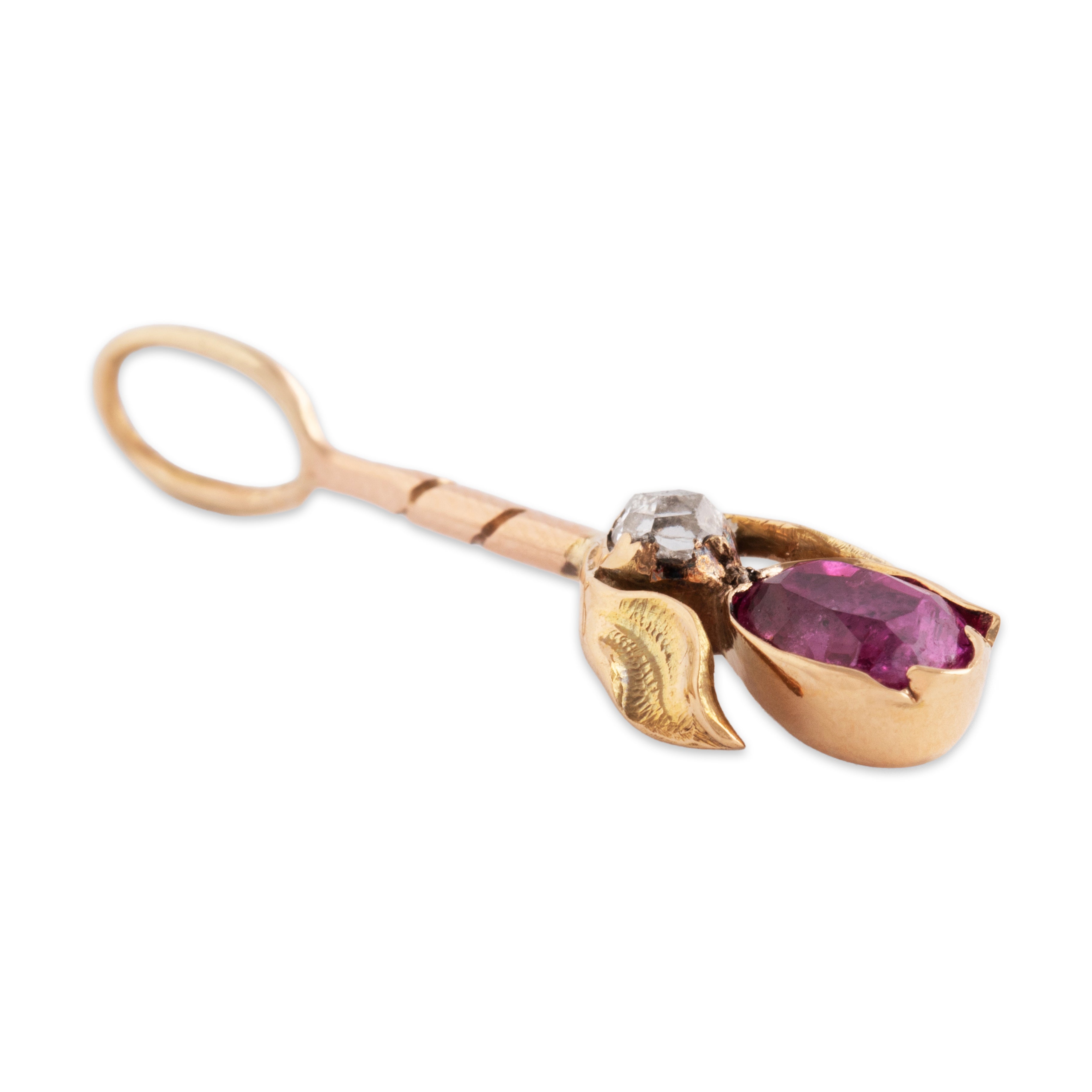 Antique 18k Yellow Gold & 14k Rosy Yellow Gold Ruby Rose Cut Diamond Tulip Pendant