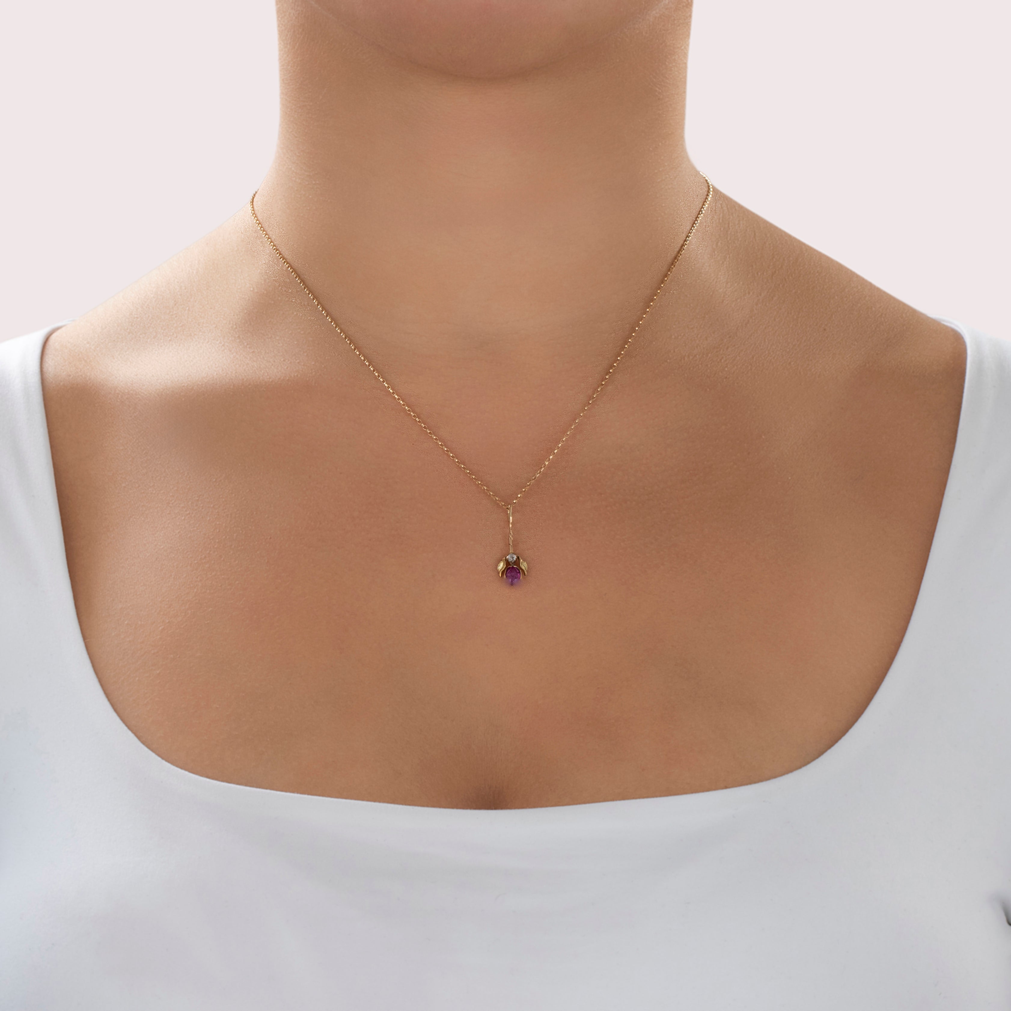 Antique 18k Yellow Gold & 14k Rosy Yellow Gold Ruby Rose Cut Diamond Tulip Pendant - On model view