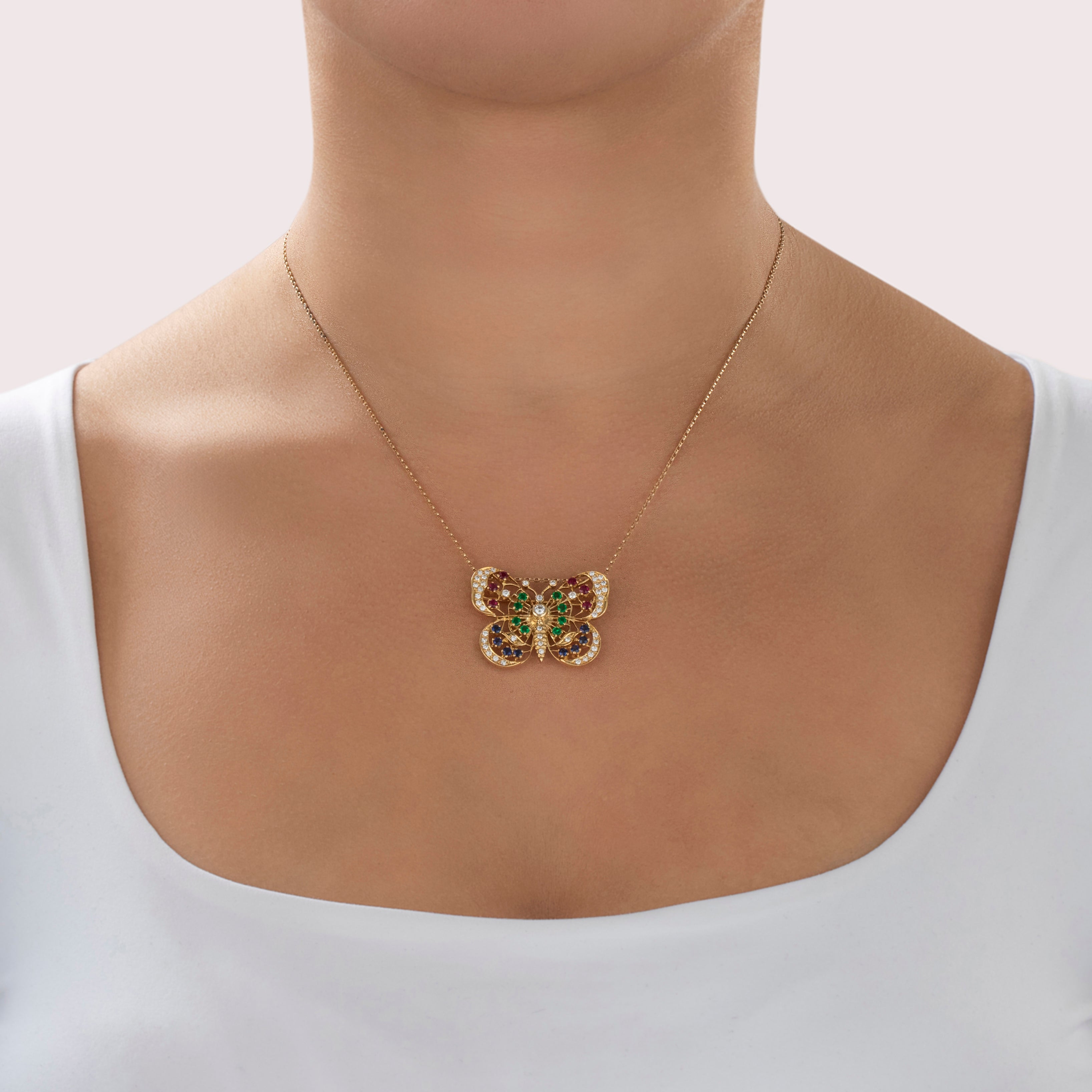 Vintage 18k Yellow Gold Diamond Sapphire Ruby Emerald Butterfly Pin / Pendant - On model view