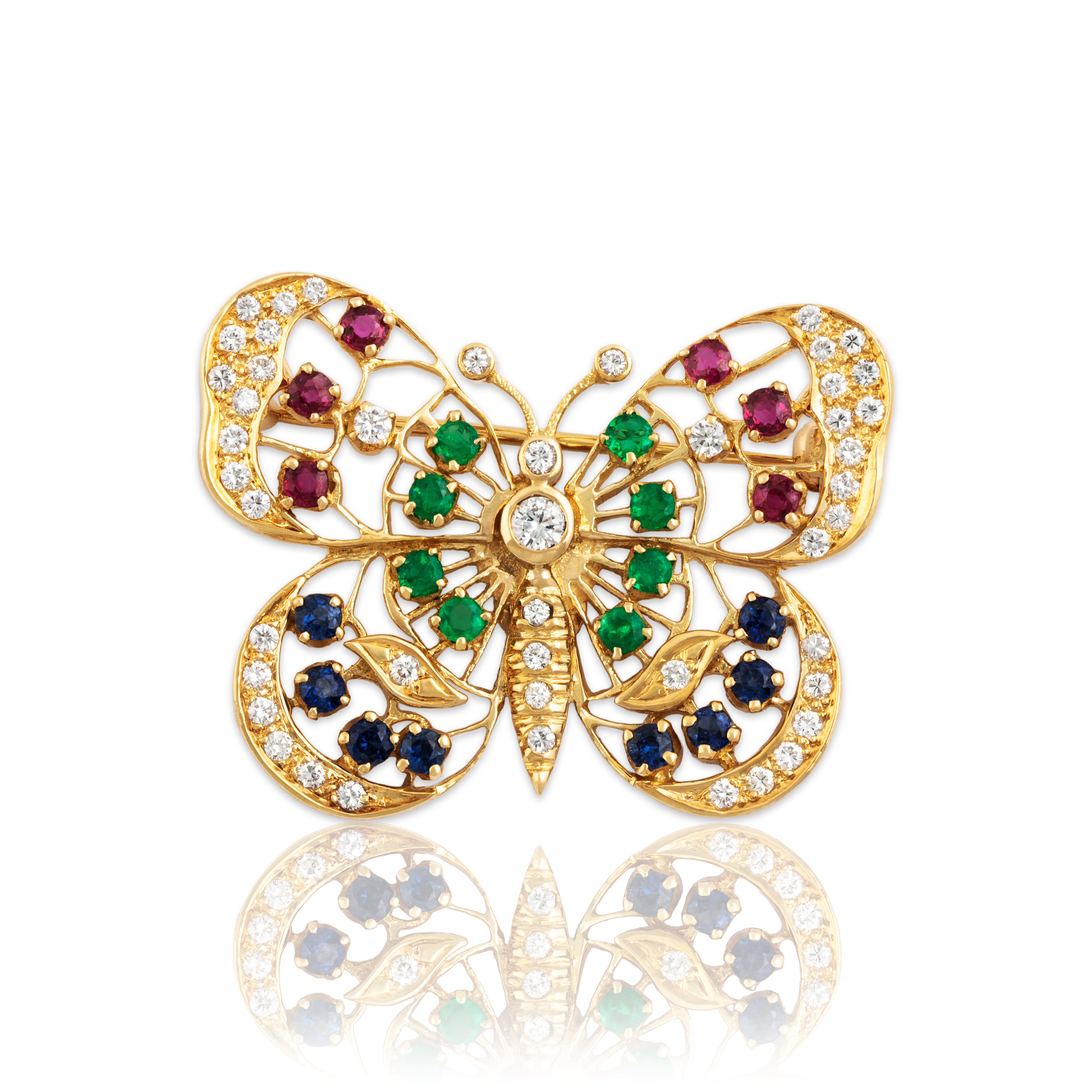 Vintage 18k Yellow Gold Diamond Sapphire Ruby Emerald Butterfly Pin / Pendant - Close-up view