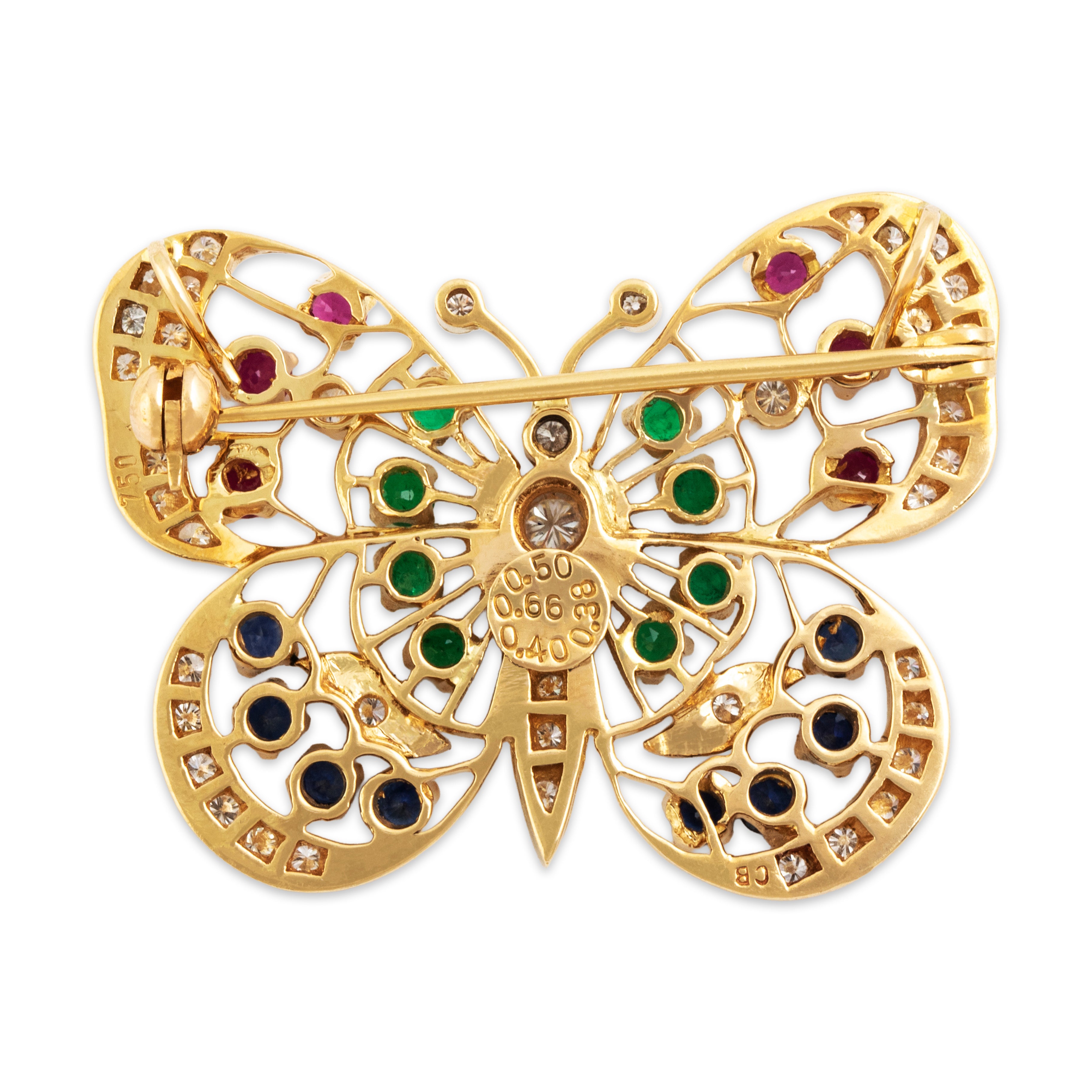 Vintage 18k Yellow Gold Diamond Sapphire Ruby Emerald Butterfly Pin / Pendant - Back view