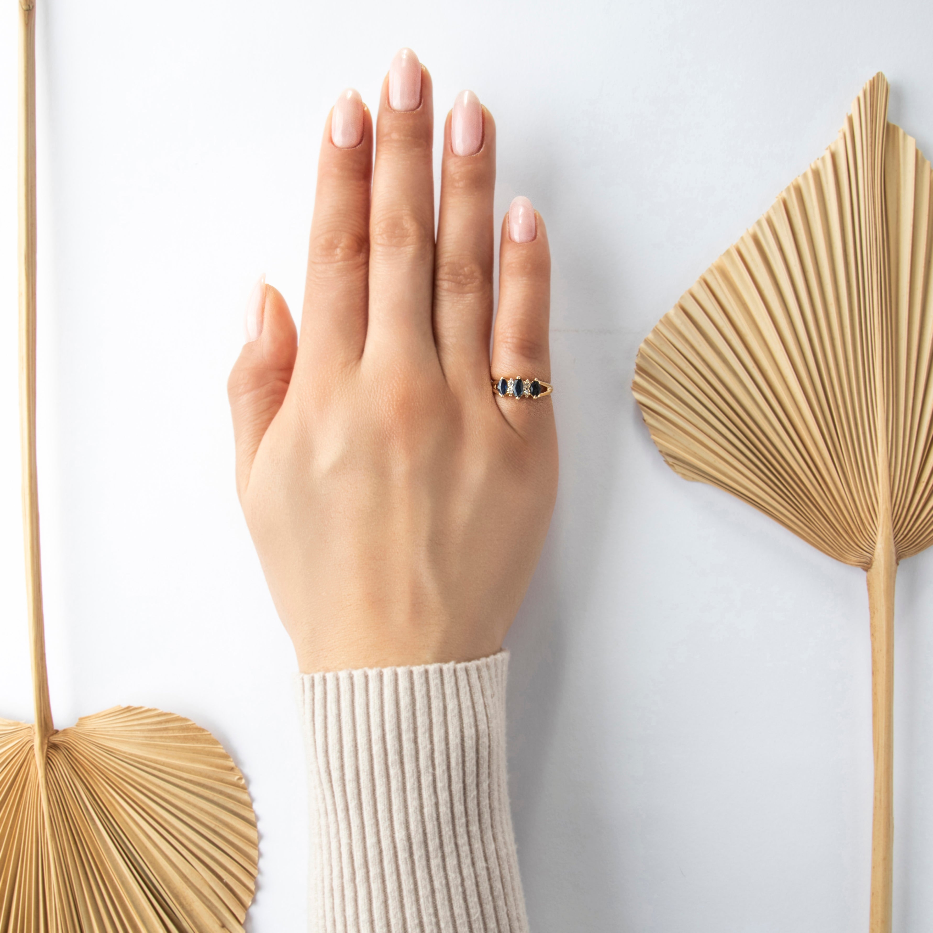 Vintage 14k Yellow Gold Blue Sapphire Diamond Marquise Trio Ring - On model view