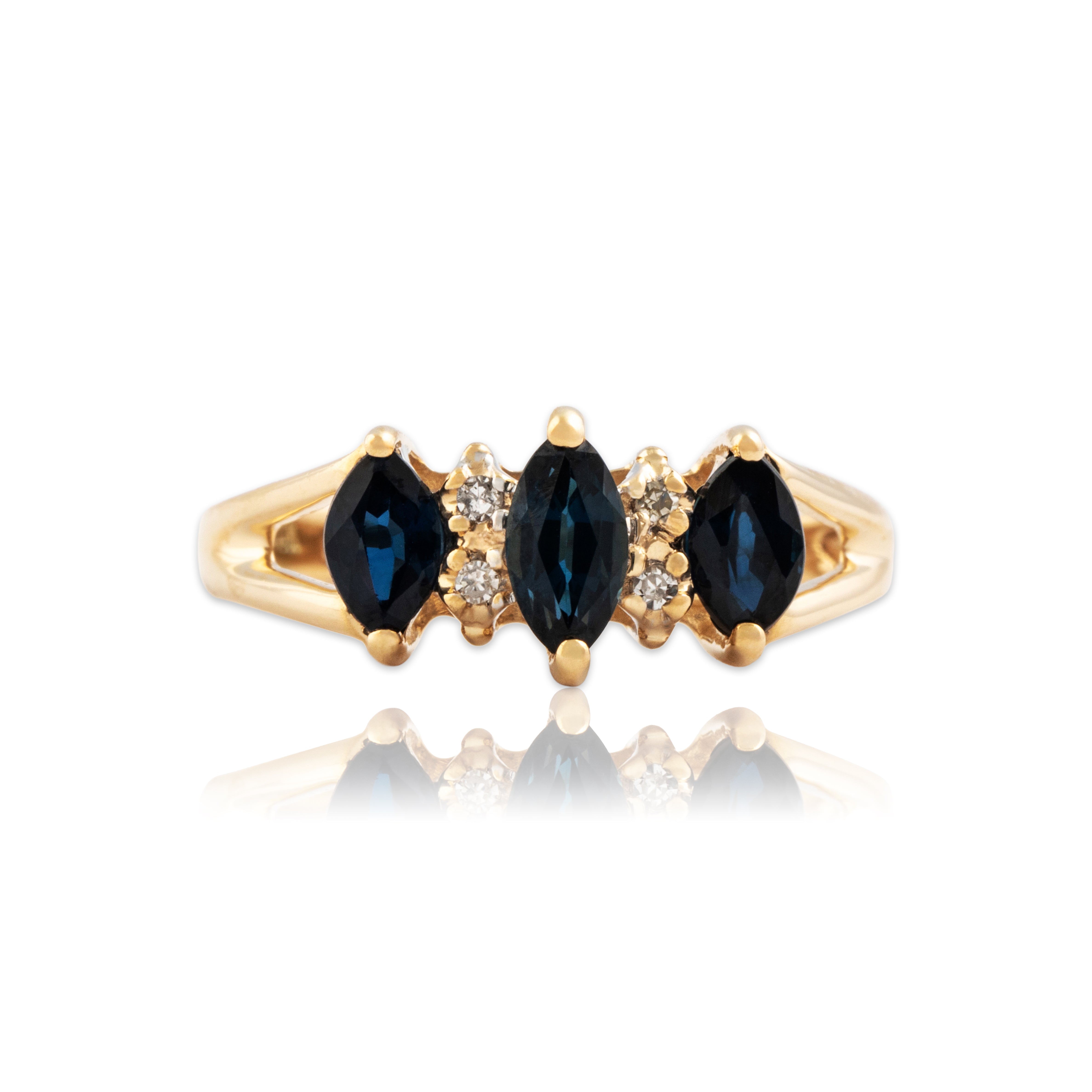 Vintage 14k Yellow Gold Blue Sapphire Diamond Marquise Trio Ring - Close-up view