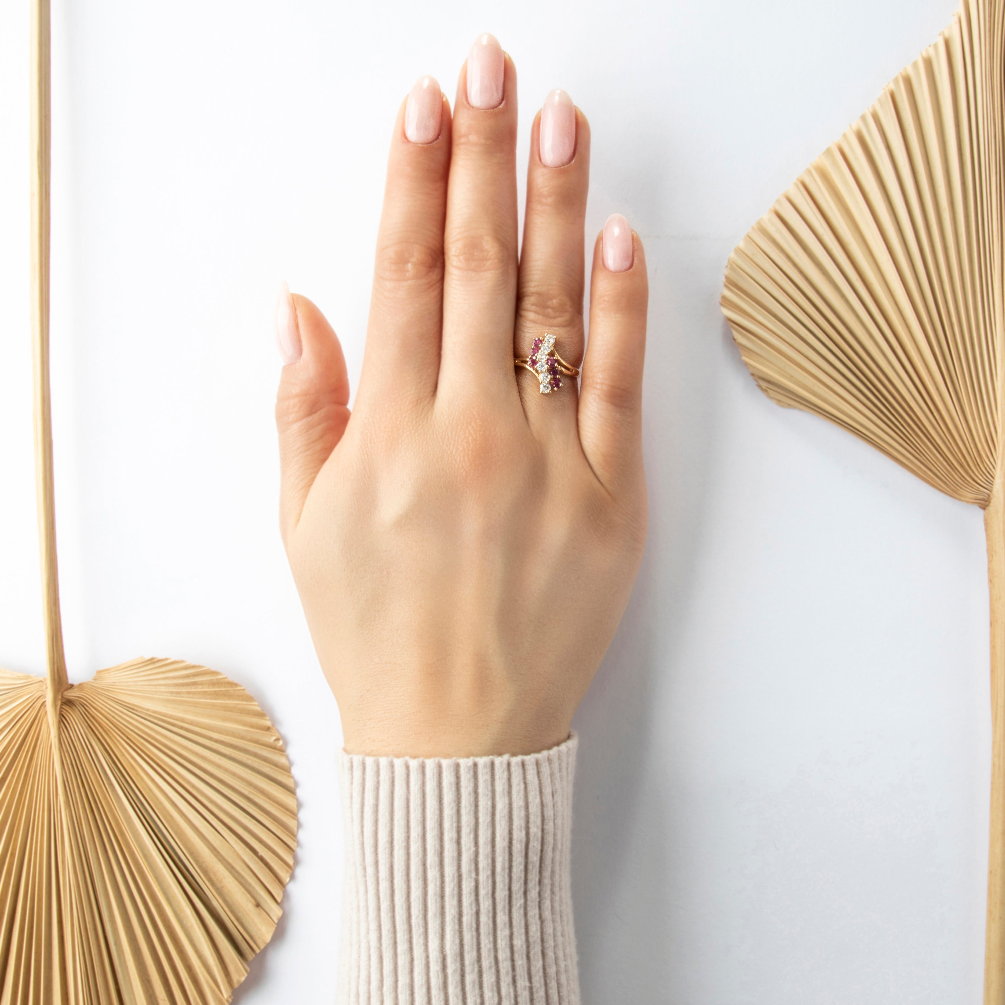 Vintage 14k Yellow Gold .444cttw Diamond Ruby Dazzling Segmented Line Ring - On model view