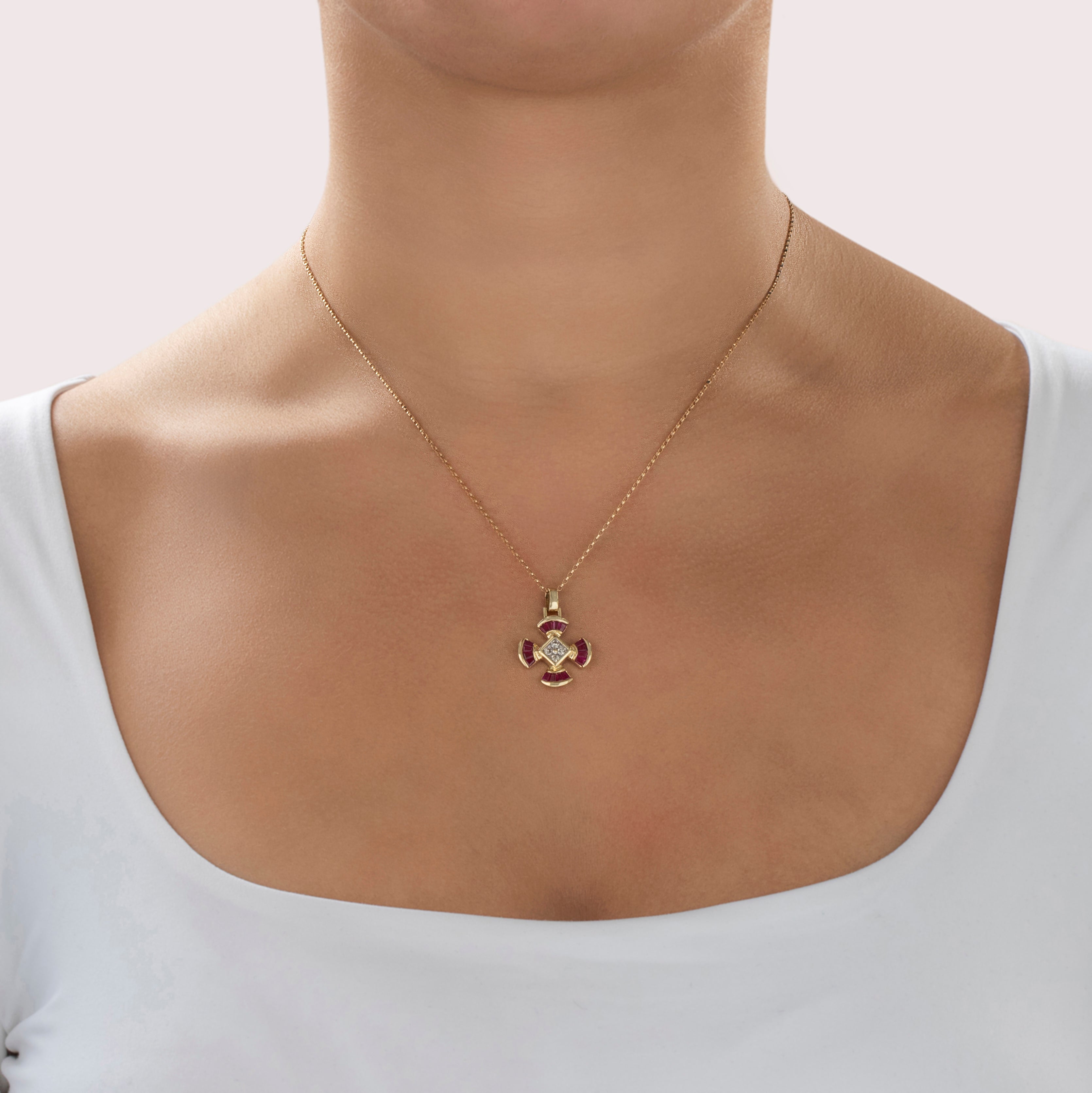 Vintage 14k Yellow Gold Ruby Diamond Brilliant Pattée Cross Charm / Pendant - On model view