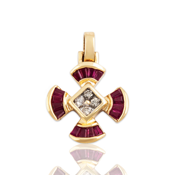 Vintage 14k Yellow Gold .8cttw Ruby Diamond Pattée Cross Charm / Pendant