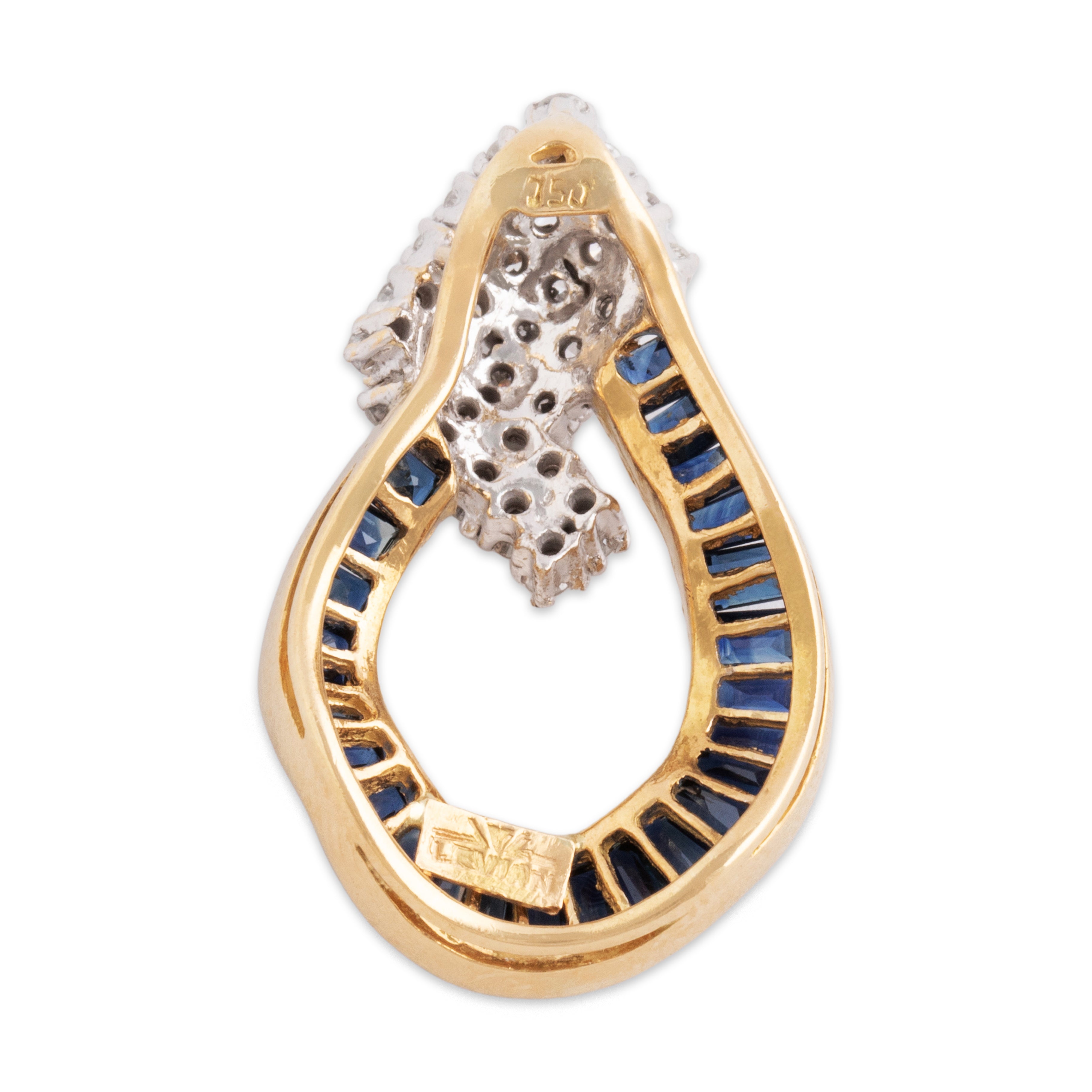 Vintage 18k Yellow Gold 1.4cttw Sapphire .29cttw Diamond Raindrop Slide Pendant - Back view