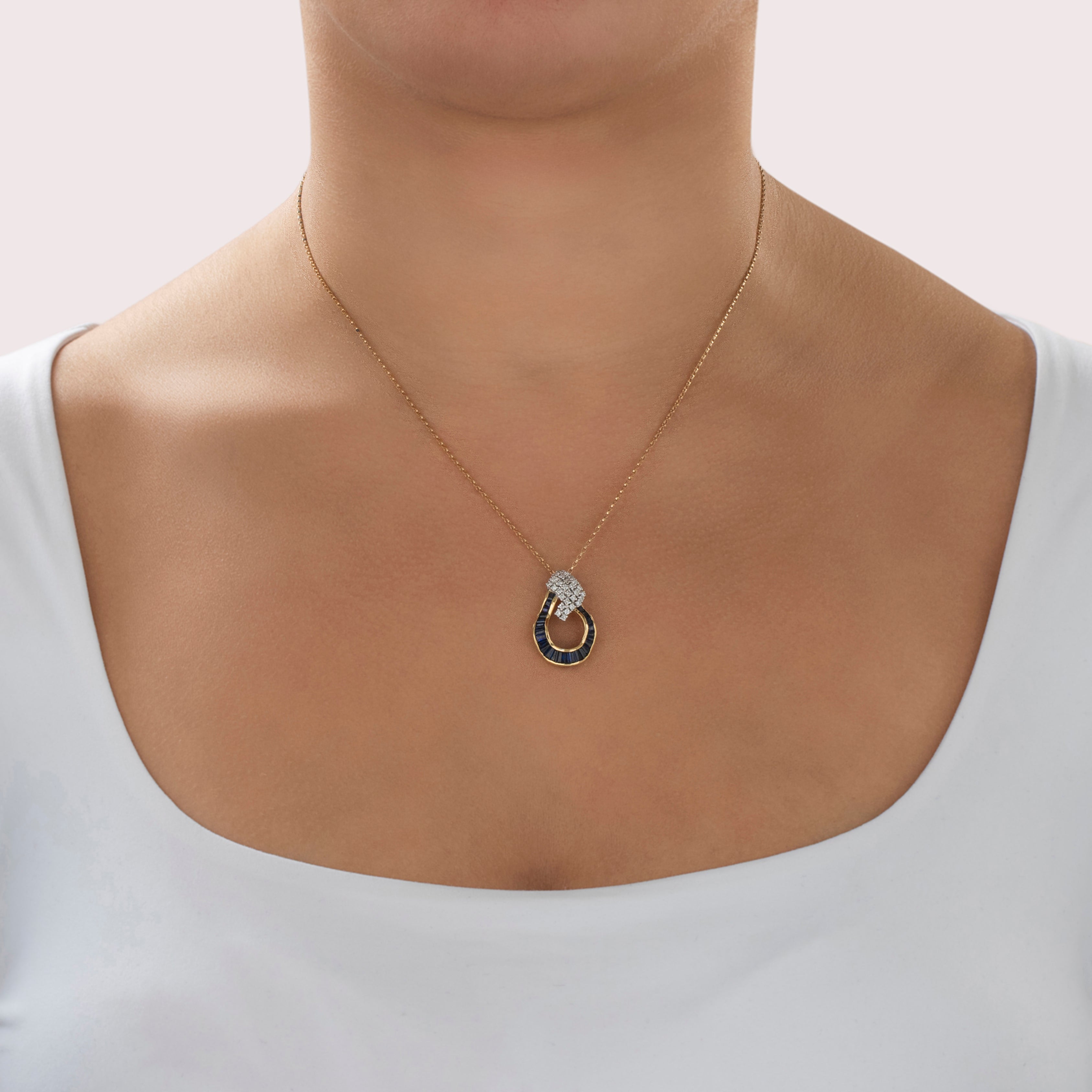 Vintage 18k Yellow Gold 1.4cttw Sapphire .29cttw Diamond Raindrop Slide Pendant - On model view